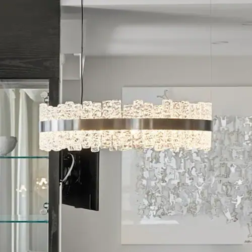 Crystal chandelier with a sleek metallic band, perfect for contemporary living spaces.