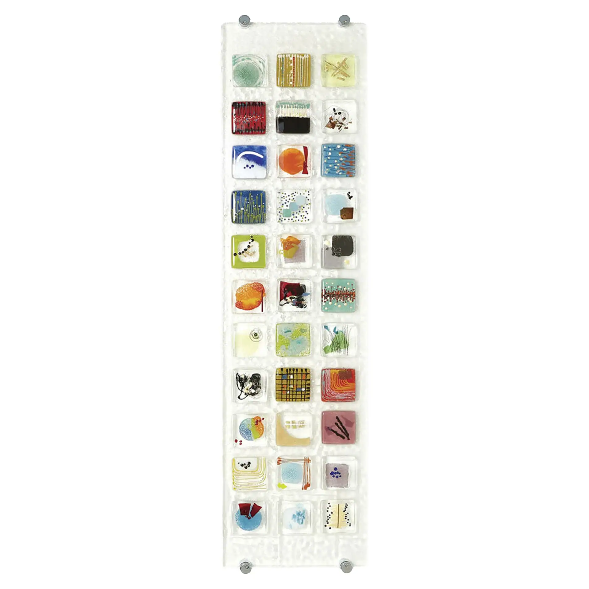 Colorful fused glass wall art panel with various designs and textures.