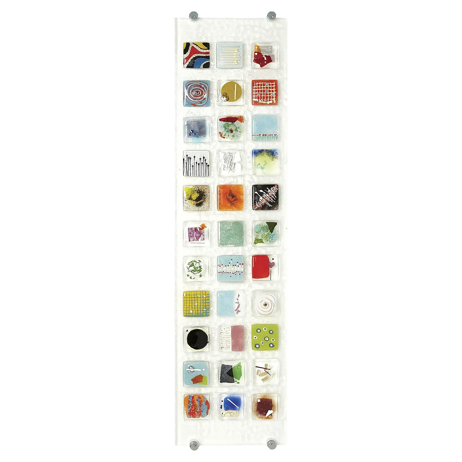 Colorful fused glass wall art panel with 30 individual glass pieces.