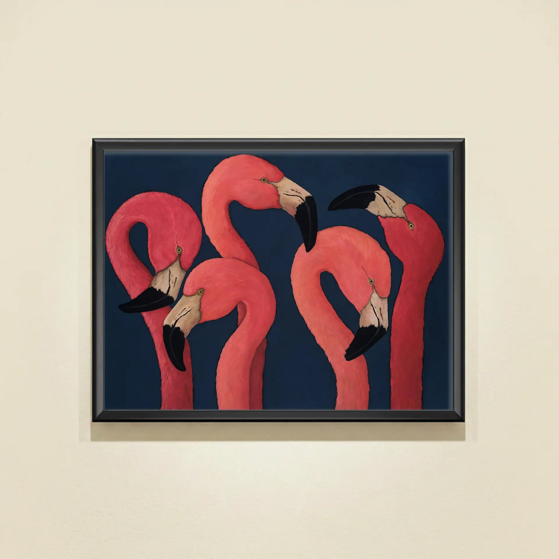 Colorful flamingo wall art featuring five pink flamingos on a dark background.