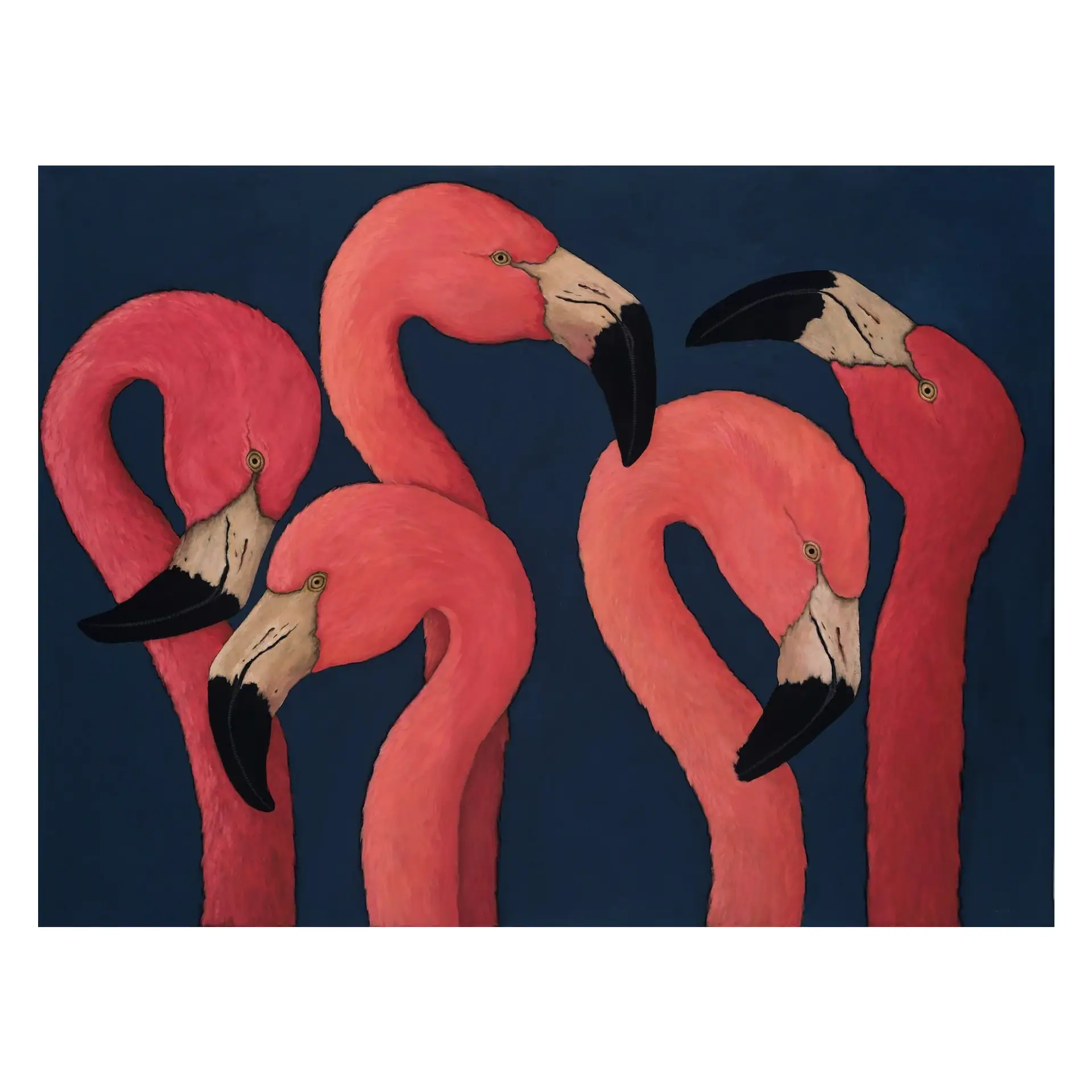 Vibrant pink flamingos wall art for tropical home decor, perfect for living rooms or bedrooms.