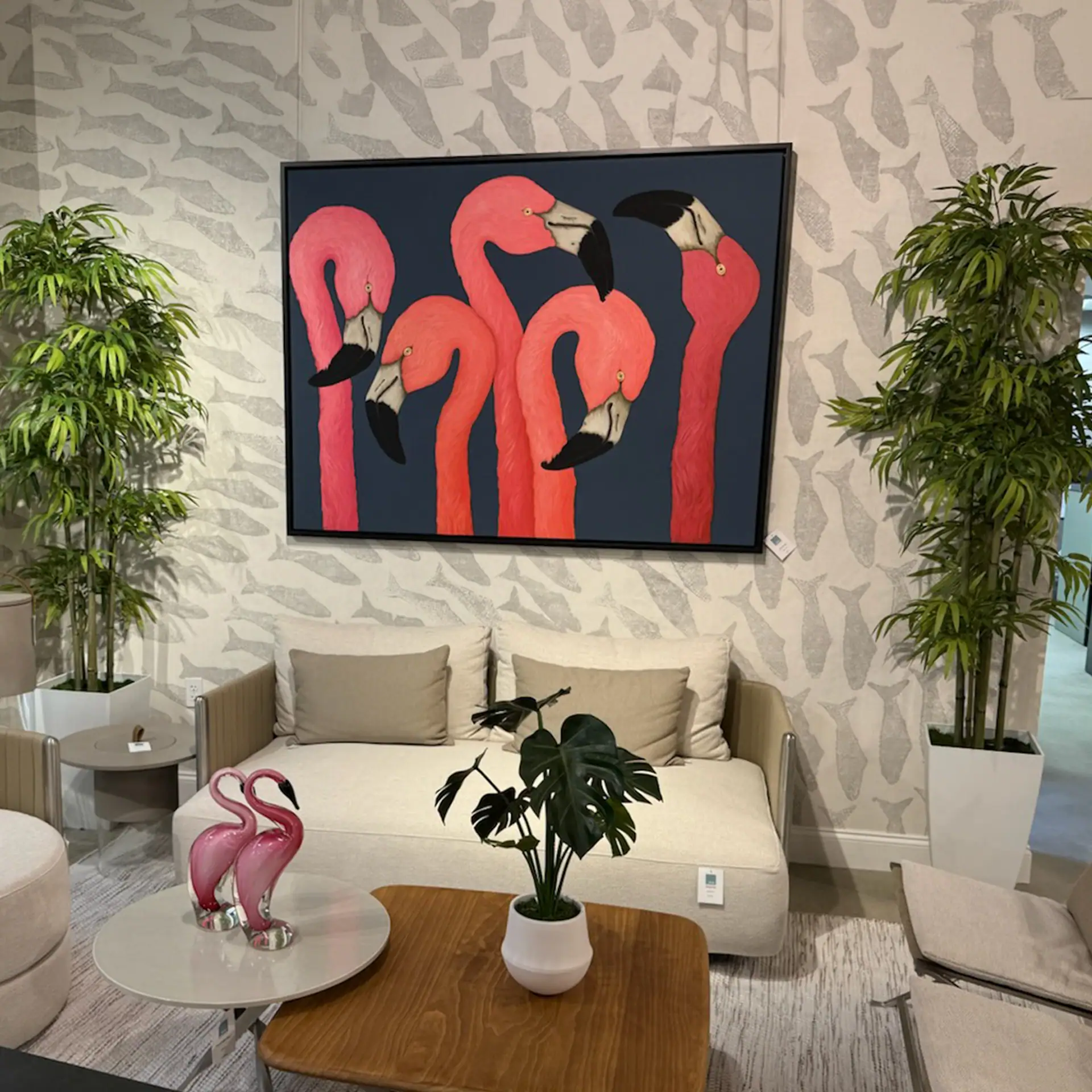 Wall art featuring vibrant pink flamingos for modern home decor.