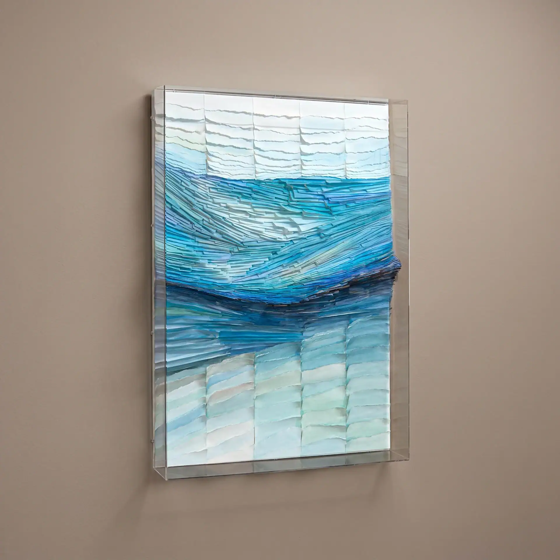 Blue ocean-inspired abstract wall art with textured layers and reflective surface.