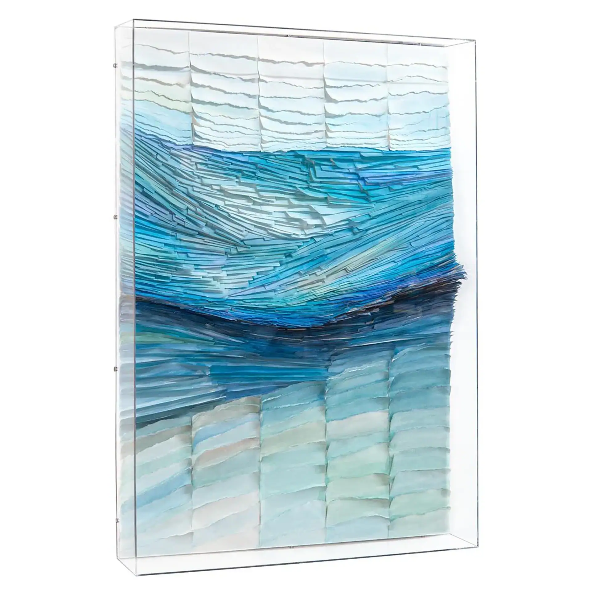 Modern ocean wave wall art in shades of blue, perfect for contemporary interior decor.