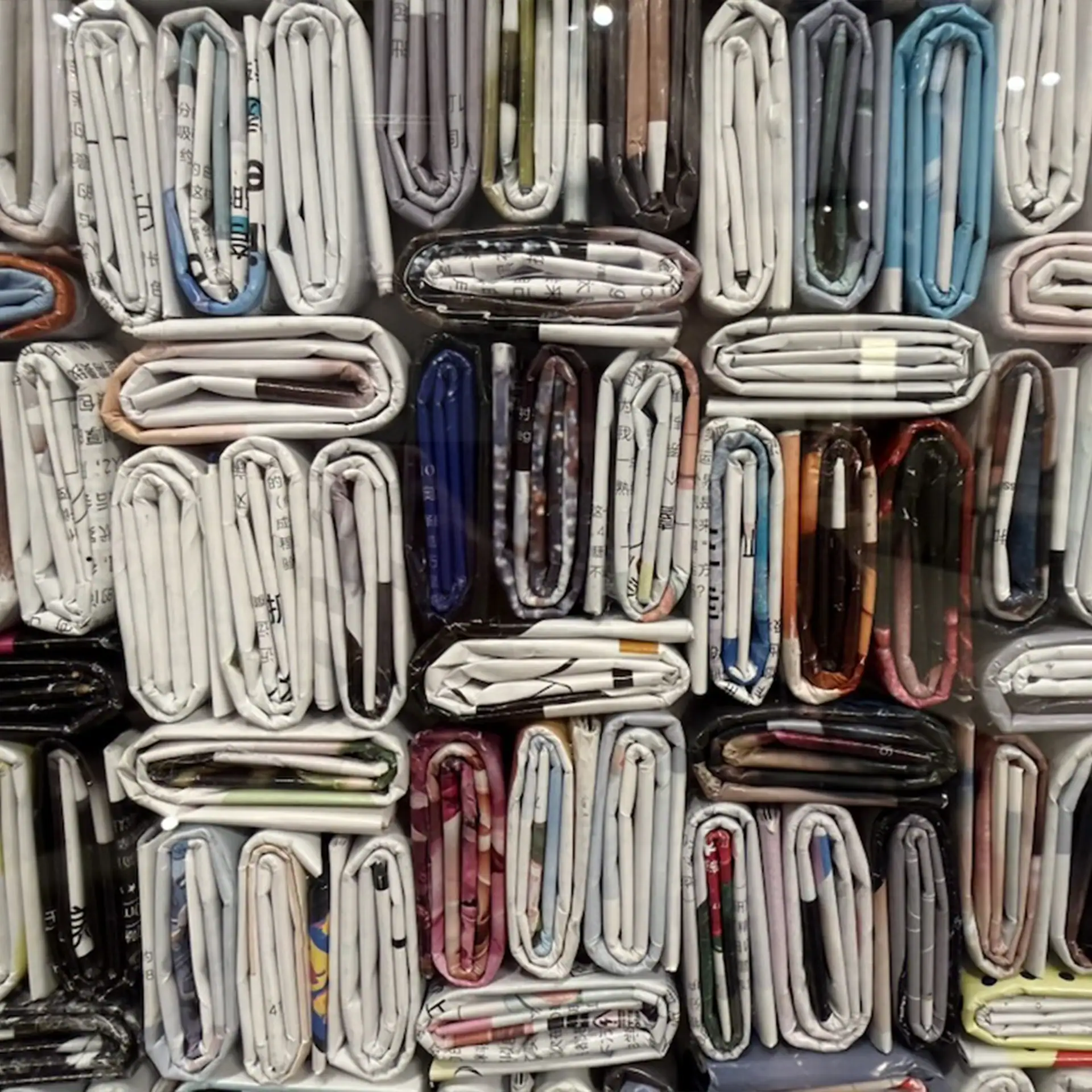 Assorted fabric rolls neatly arranged in a fabric store display.