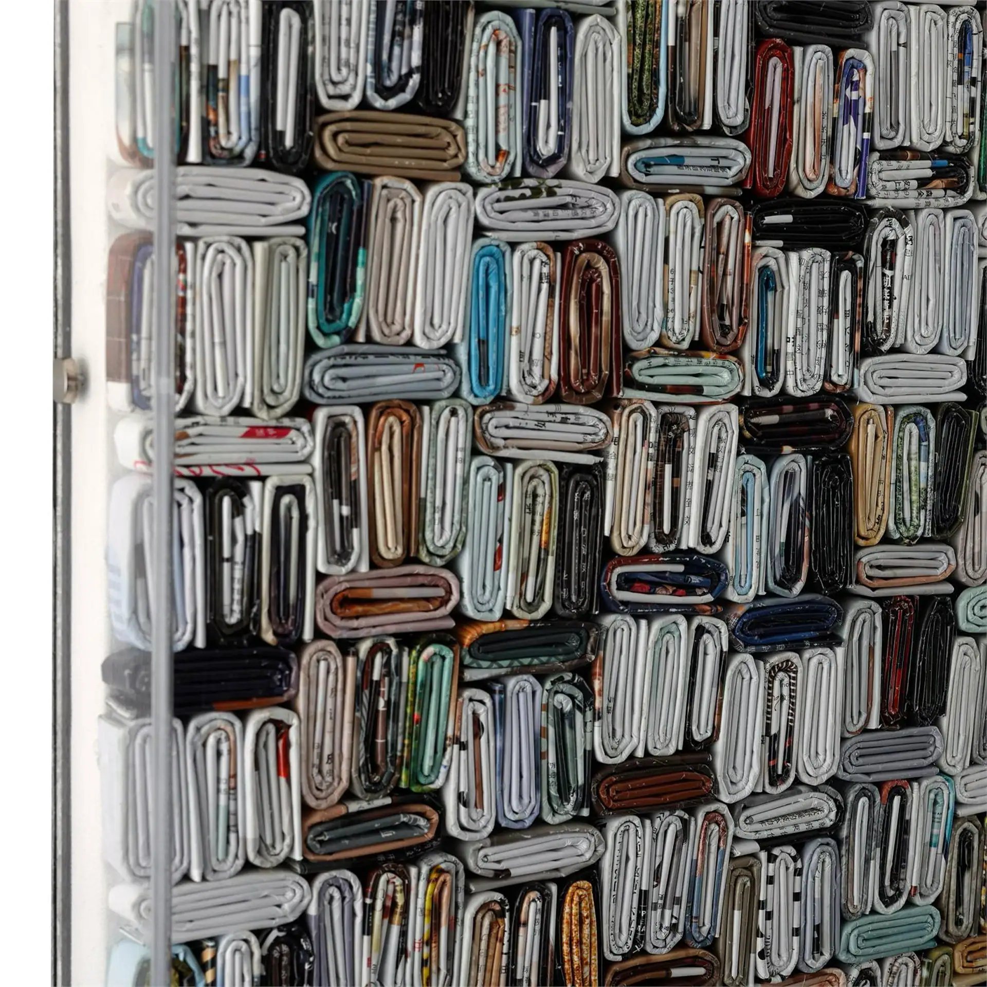 Folded fabric textiles display at Sklar Furnishings store, showcasing a variety of colors and textur.