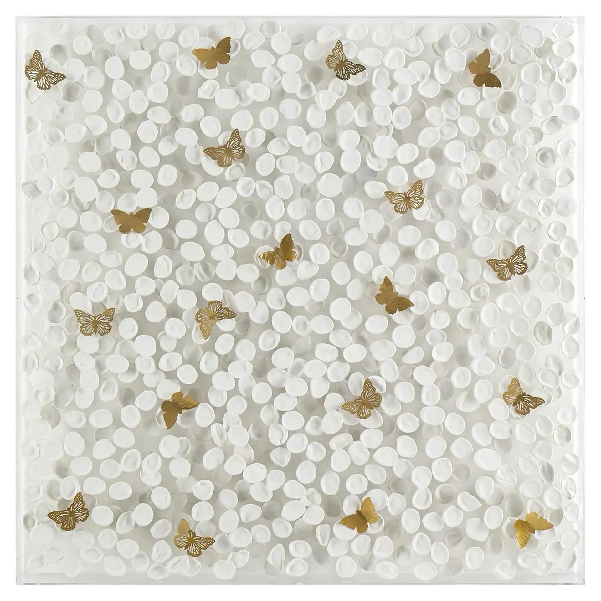 White and gold butterfly confetti on a clear background for decoration.