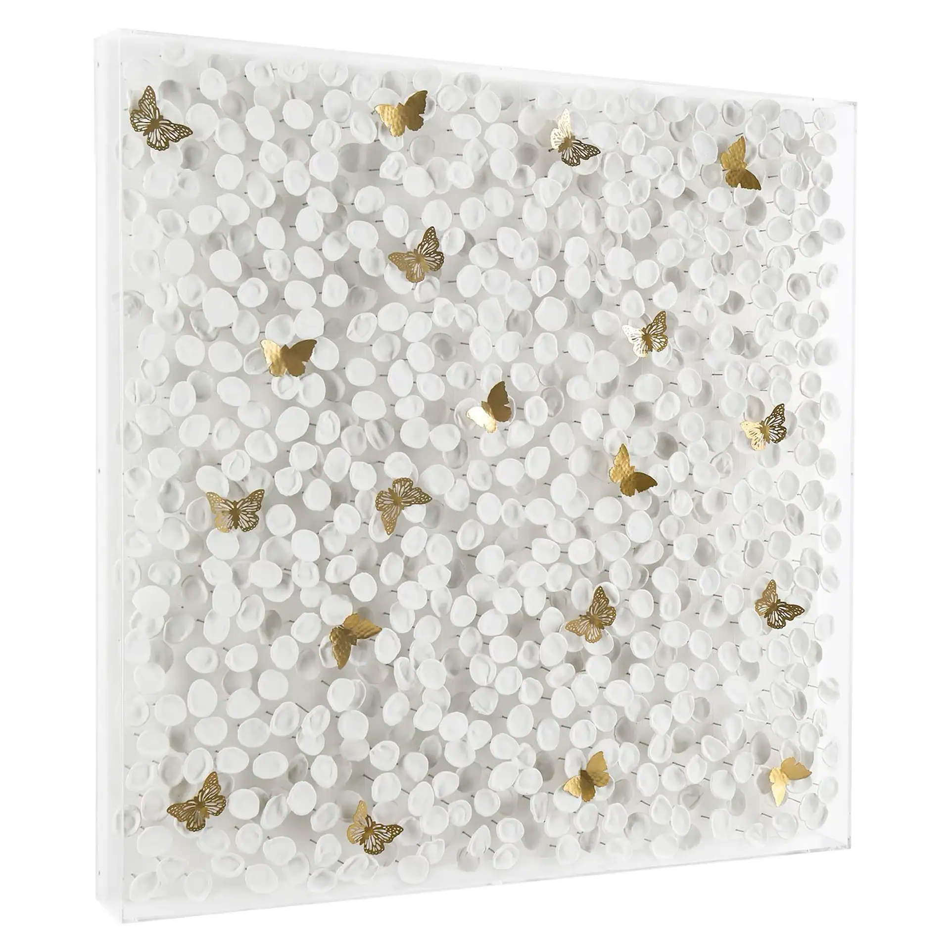 White wall art with gold butterfly accents for home decor.