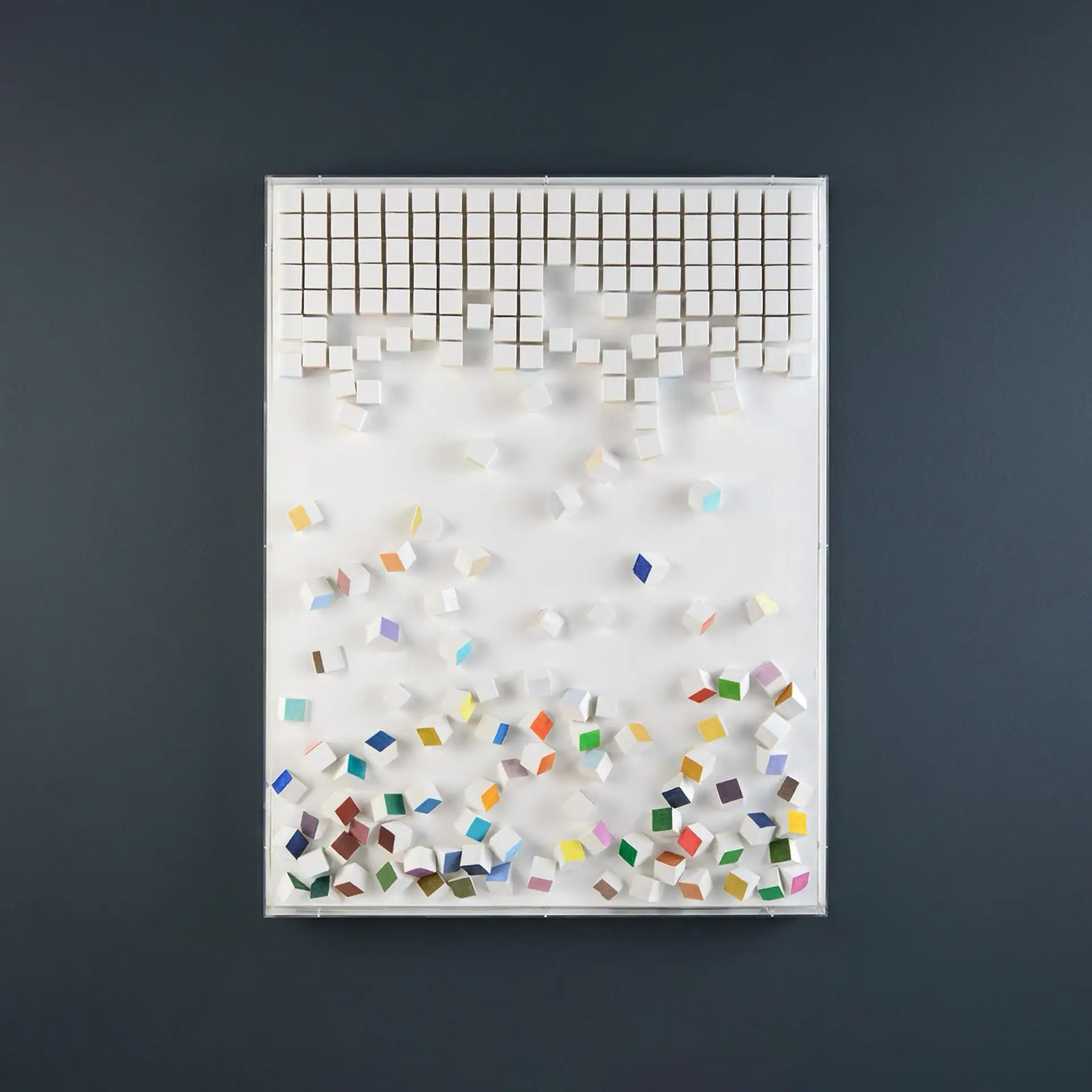 Contemporary wall art featuring colorful geometric blocks and grid pattern.