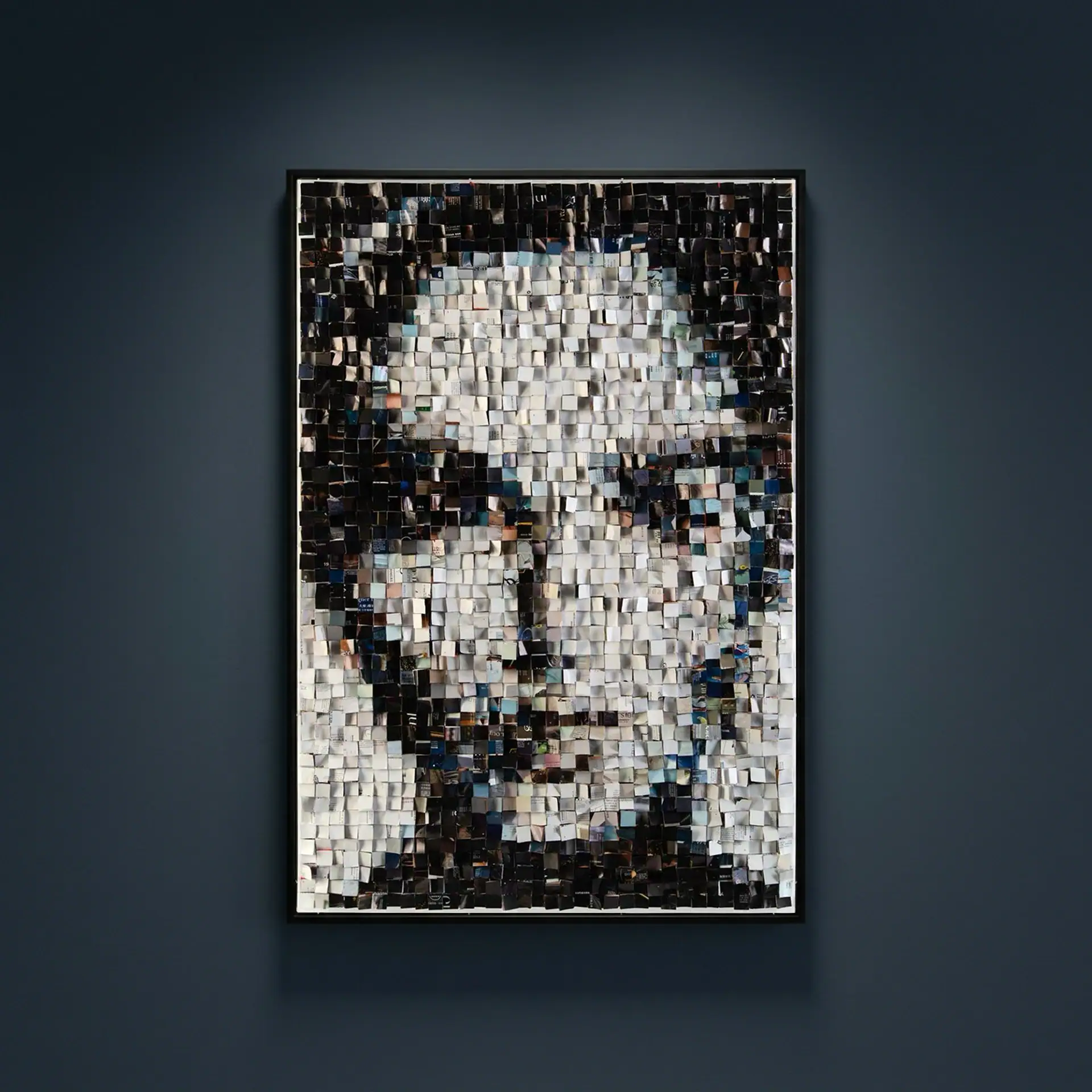 Modern mosaic portrait artwork displayed on a dark wall at Sklar Furnishings.