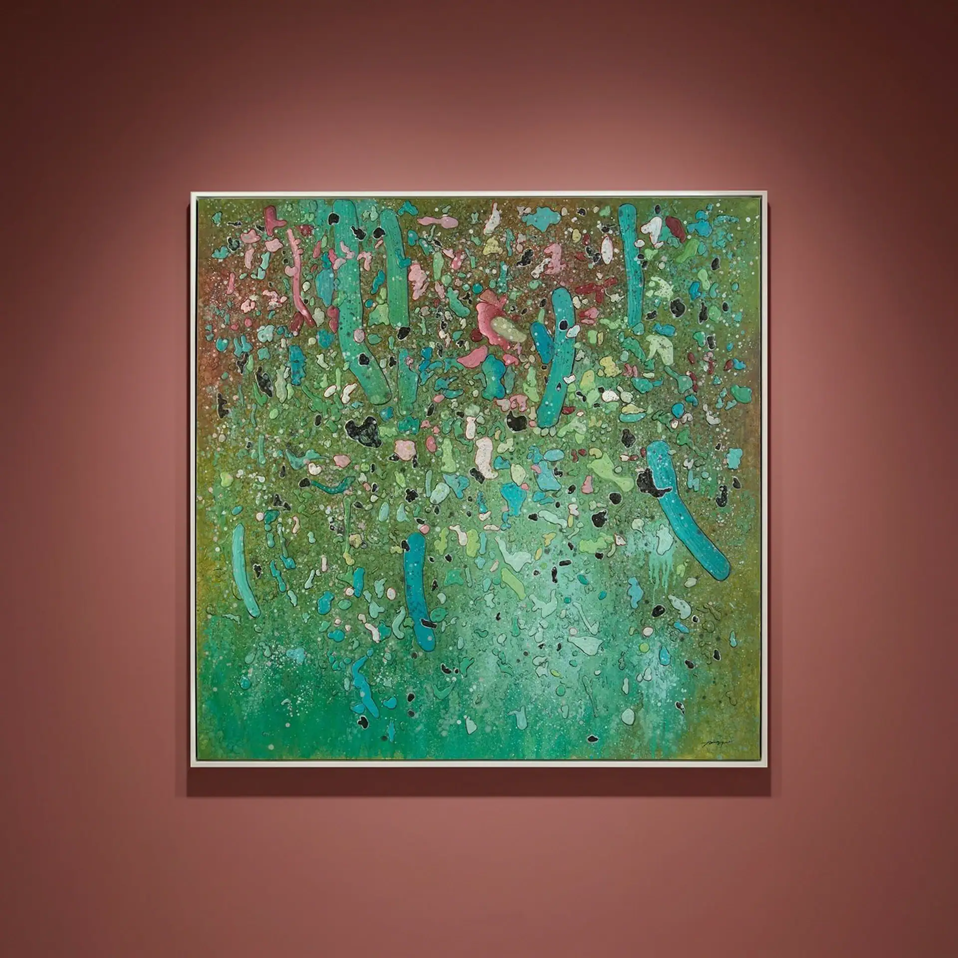 Abstract art painting with vibrant green, pink, and blue splashes, perfect for contemporary interior.