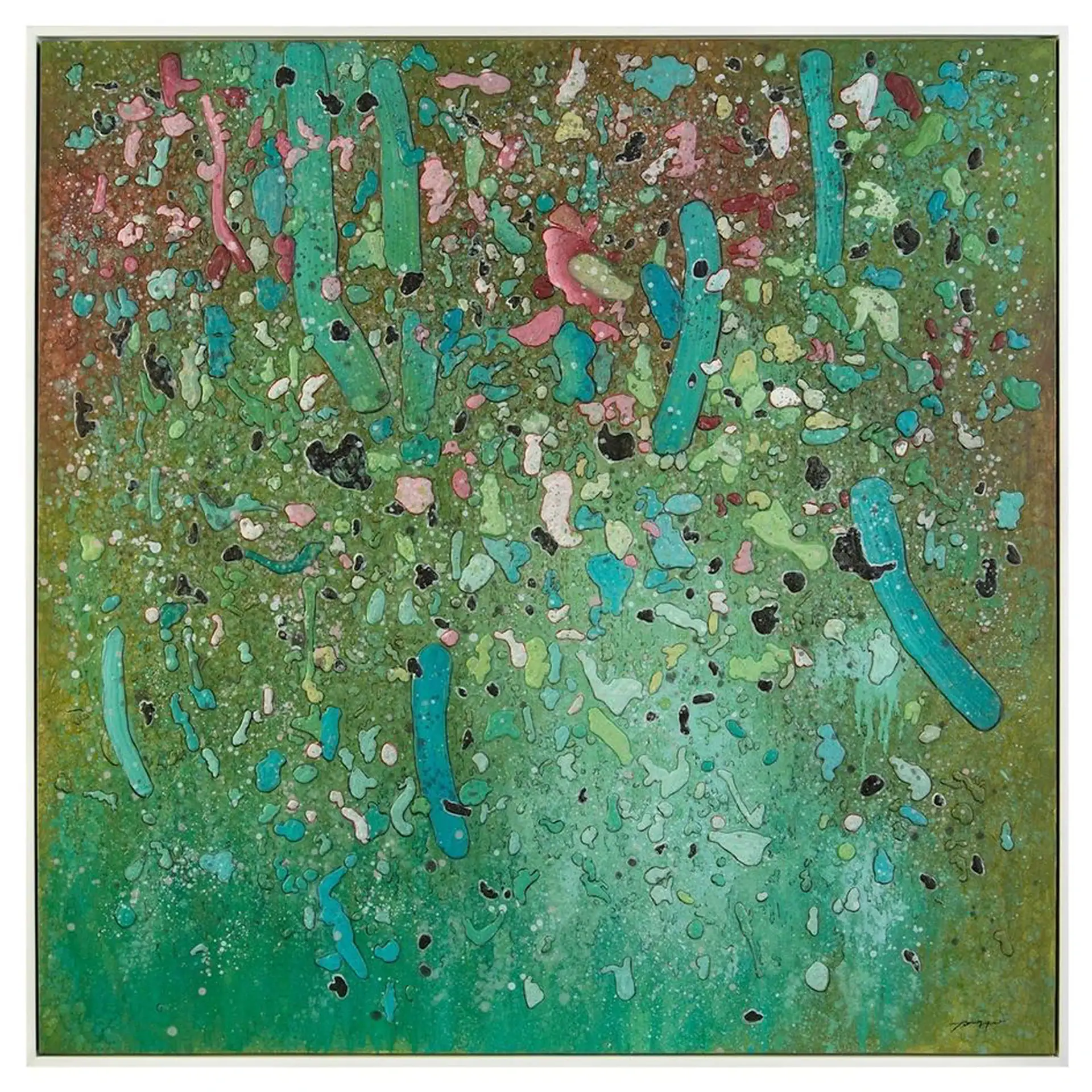 Abstract colorful paint splatter artwork on canvas, featuring vibrant green, pink, blue, and black s.