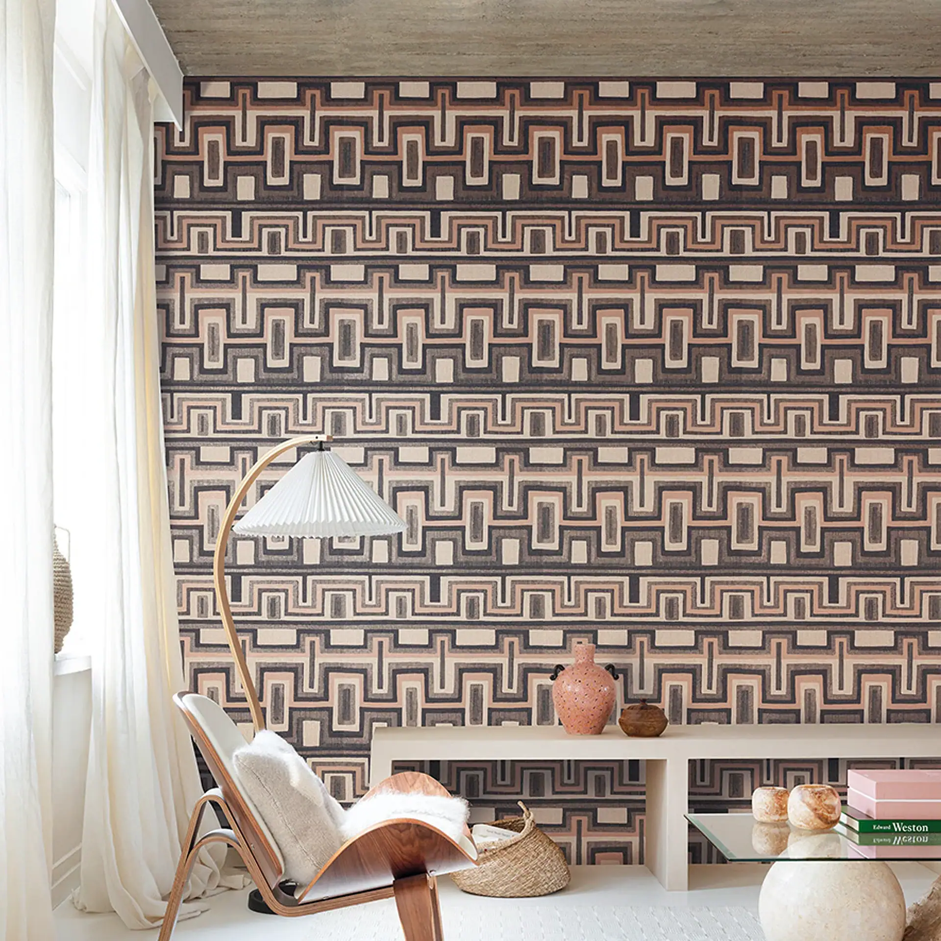 Modern living room with Morelos Cameo wallpaper and stylish decor.