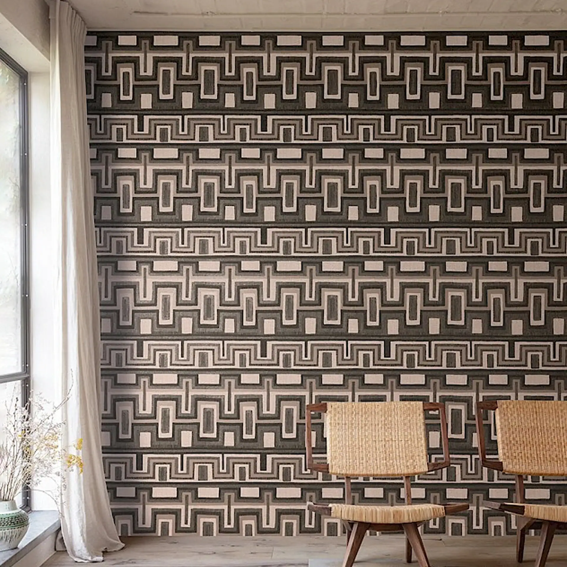 Modern geometric wallpaper in neutral tones for stylish interiors.