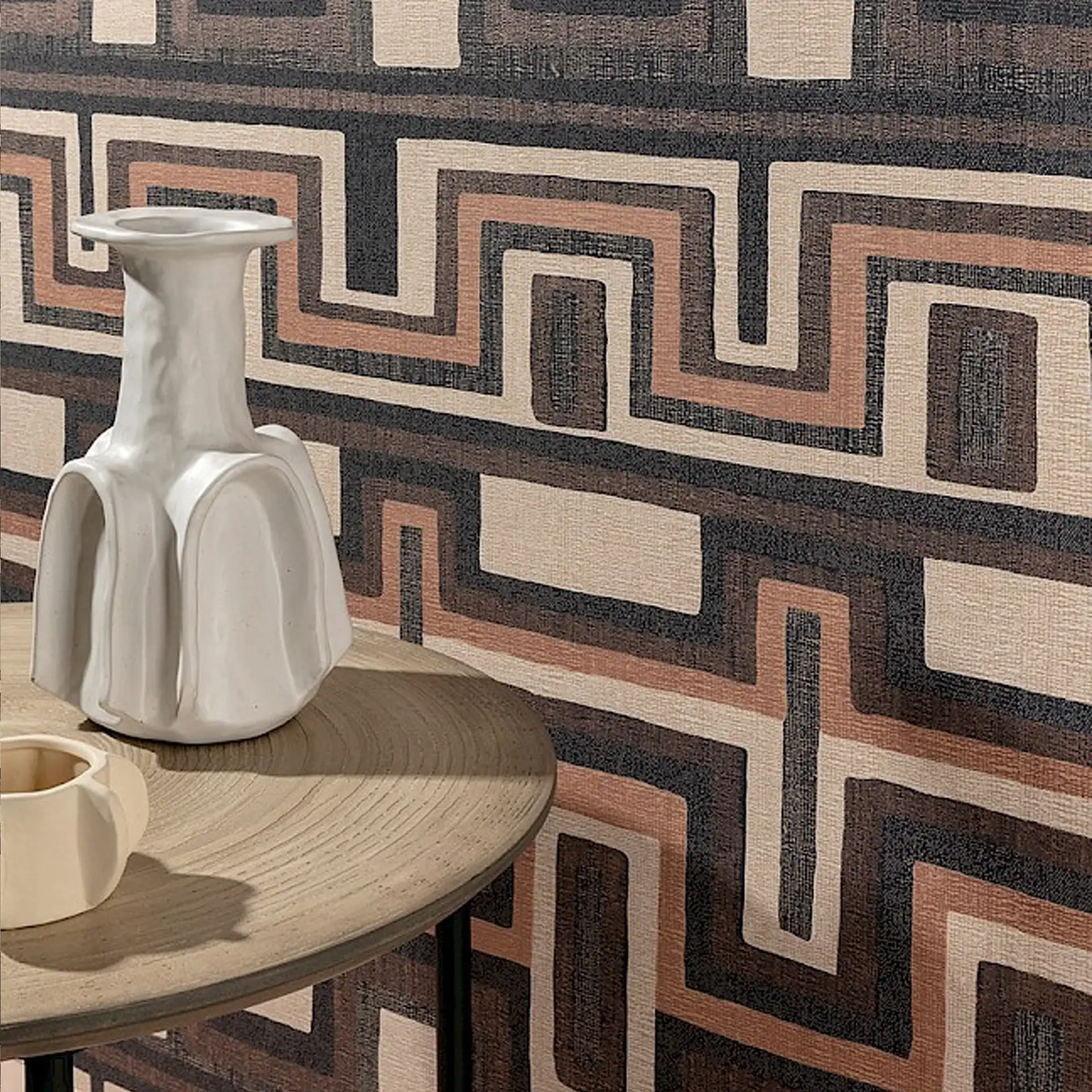 Close-up of Morelos Cameo wallpaper with geometric pattern in neutral tones.
