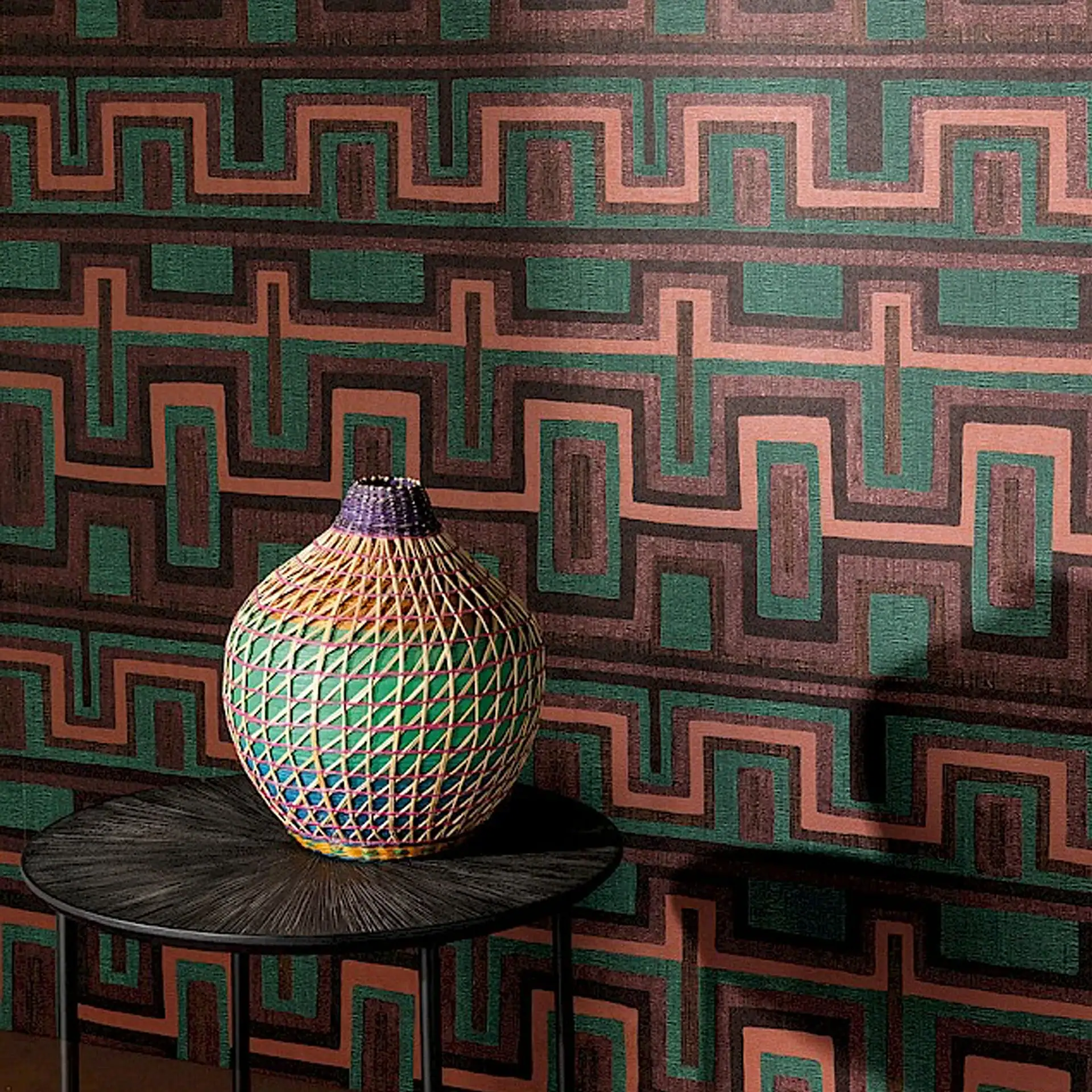 Decorative vase on a table with Morelos Cameo Wallpaper background.