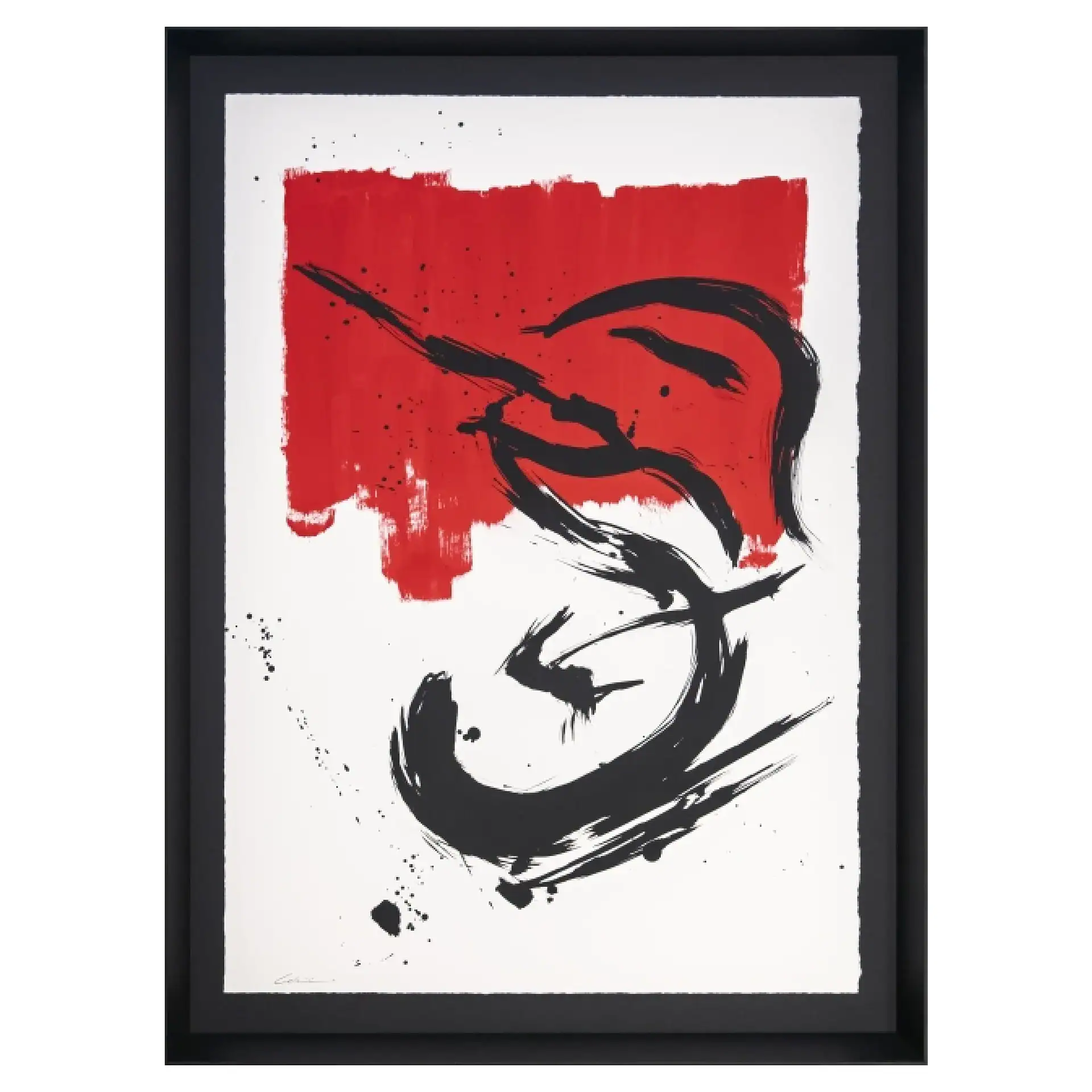 Abstract modern artwork featuring dynamic black and red brushstrokes on white background.