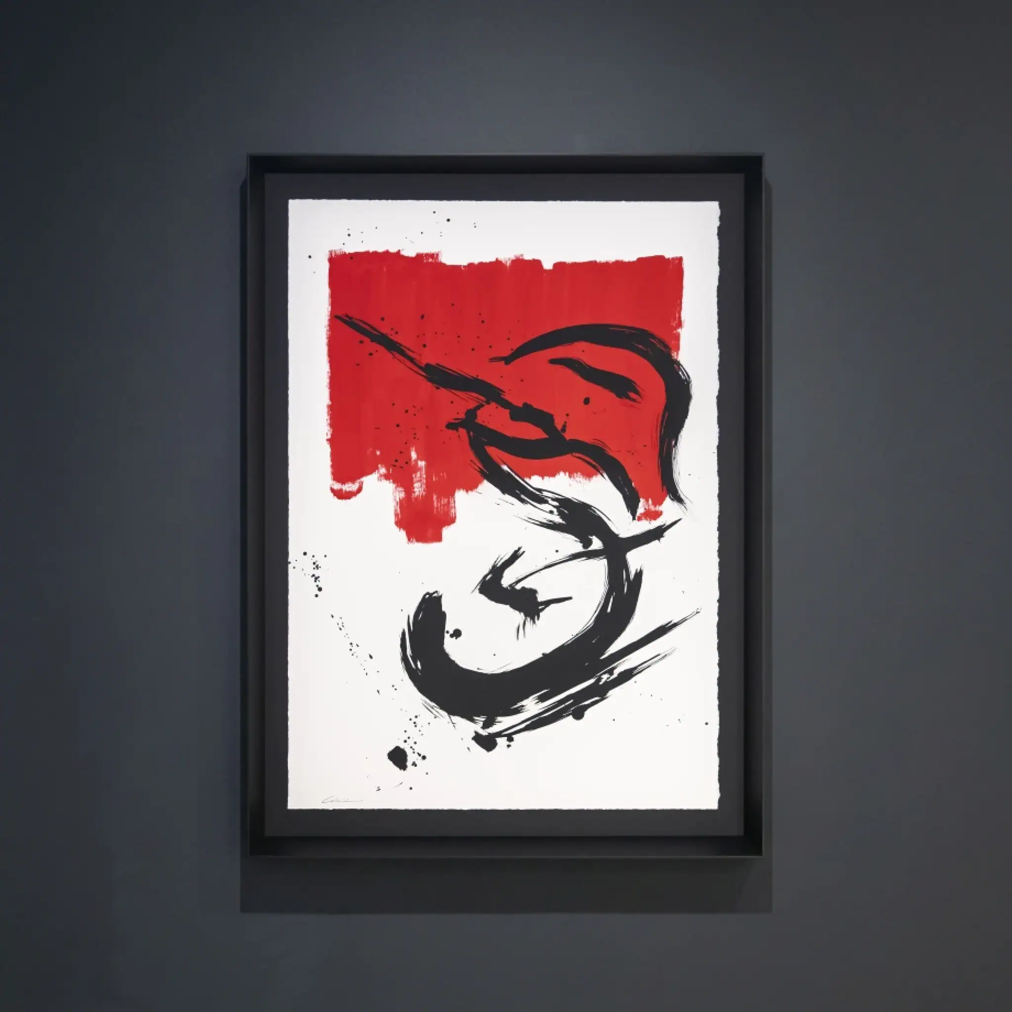 Abstract art painting featuring bold red and black brushstrokes on white background.
