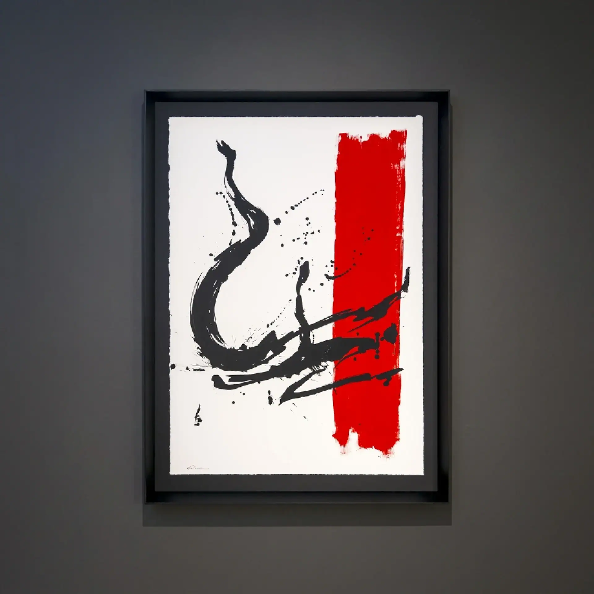 Abstract black ink strokes with bold red stripe on white background, framed wall art.