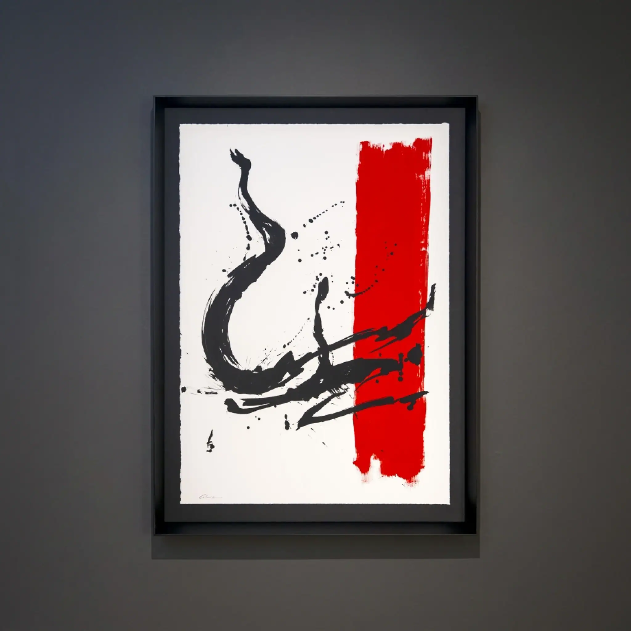 Abstract black ink strokes with bold red stripe on white background, framed wall art.