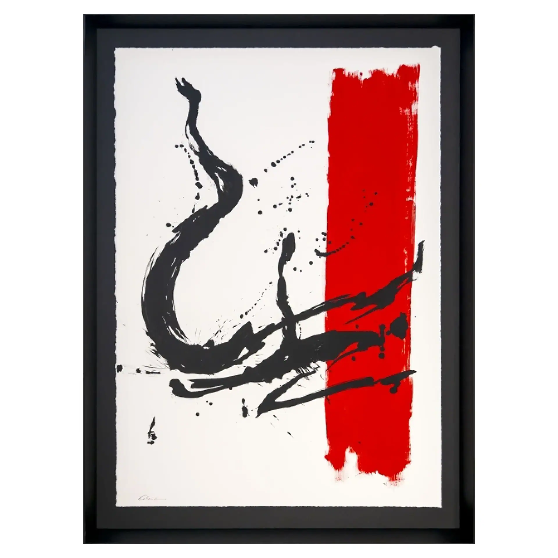 Abstract painting featuring bold black brushstrokes and a striking red vertical stripe.