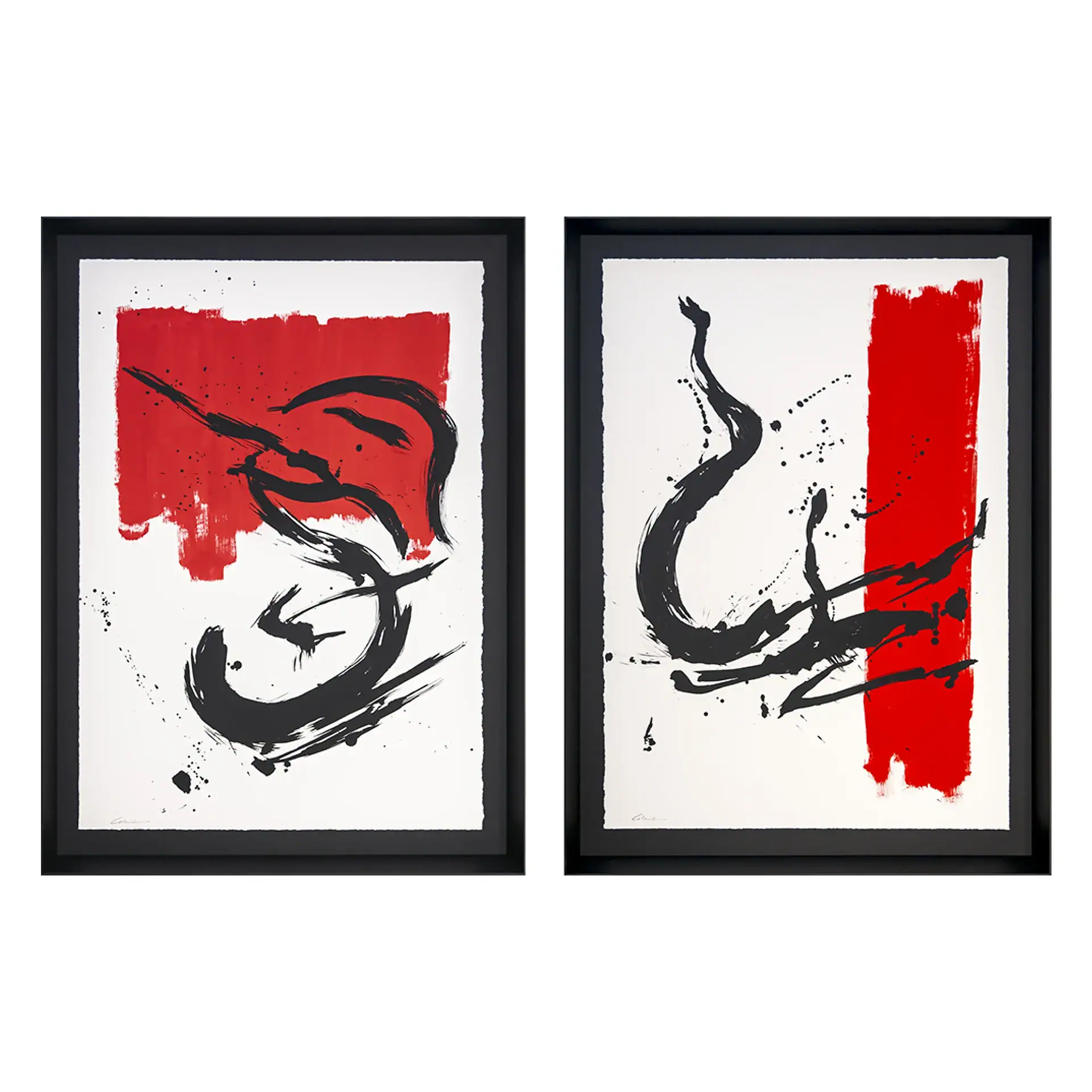 Abstract calligraphy artwork with bold black strokes and red accents in black frames.