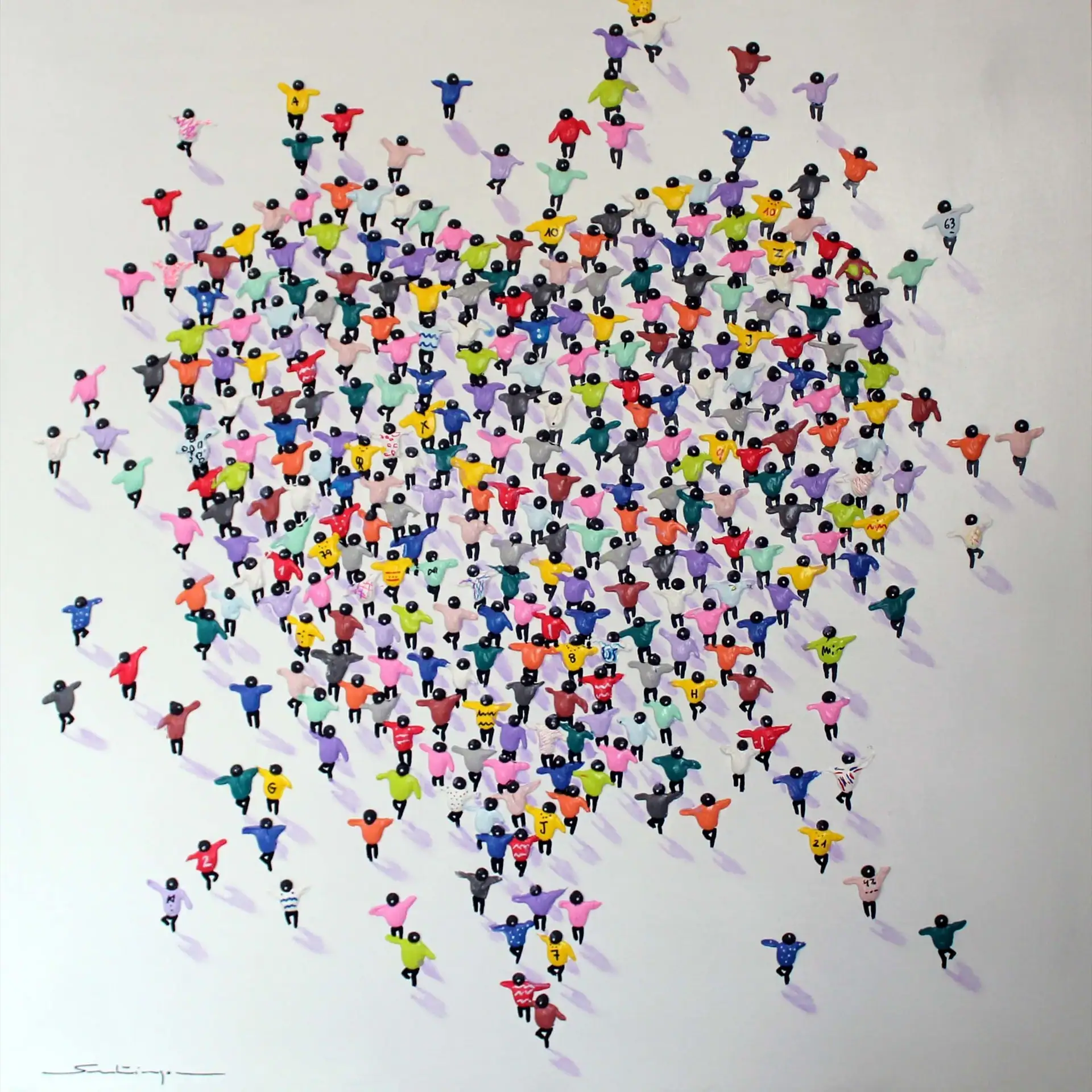 Vibrant abstract artwork featuring numerous small, colorful figures on a white background.