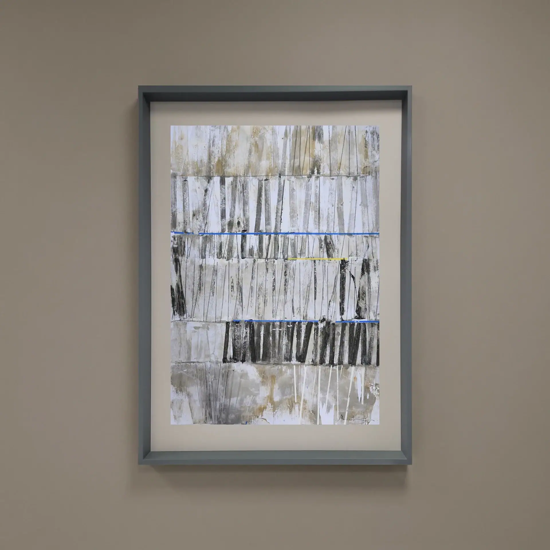 Abstract wall art with gray, black, and white tones in a sleek gray frame.