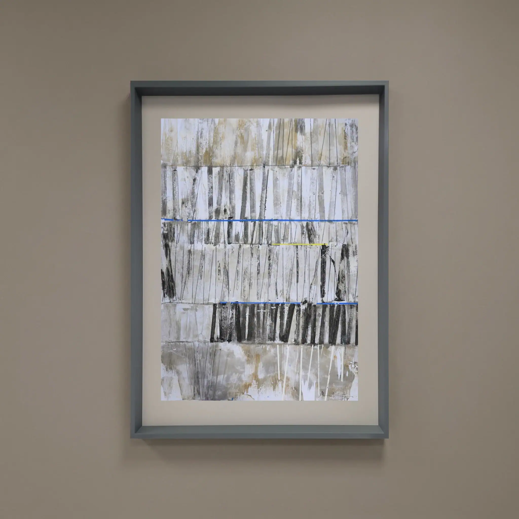 Abstract wall art with gray, black, and white tones in a sleek gray frame.