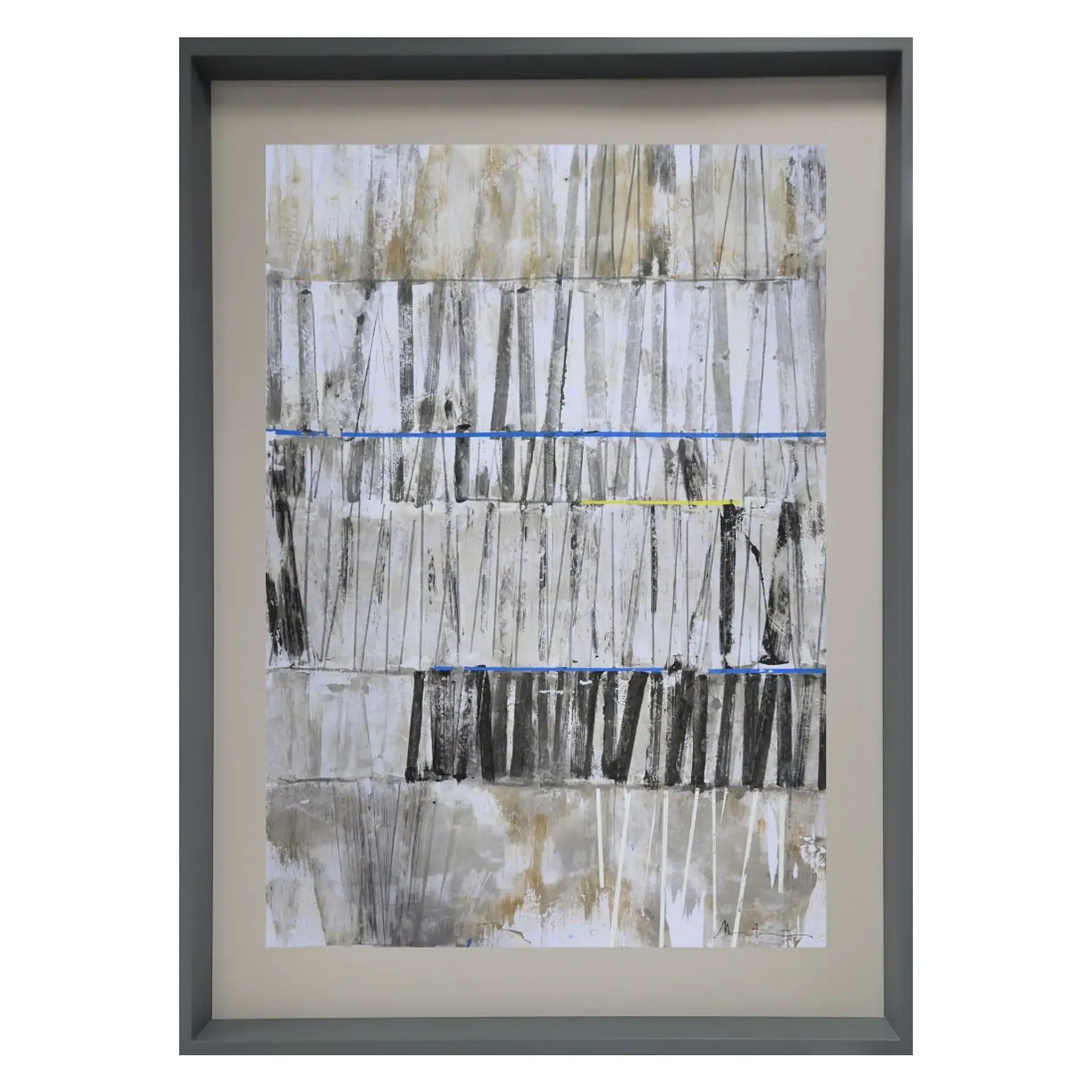 Abstract wall art with textured gray, black, and blue accents for contemporary interior decor.