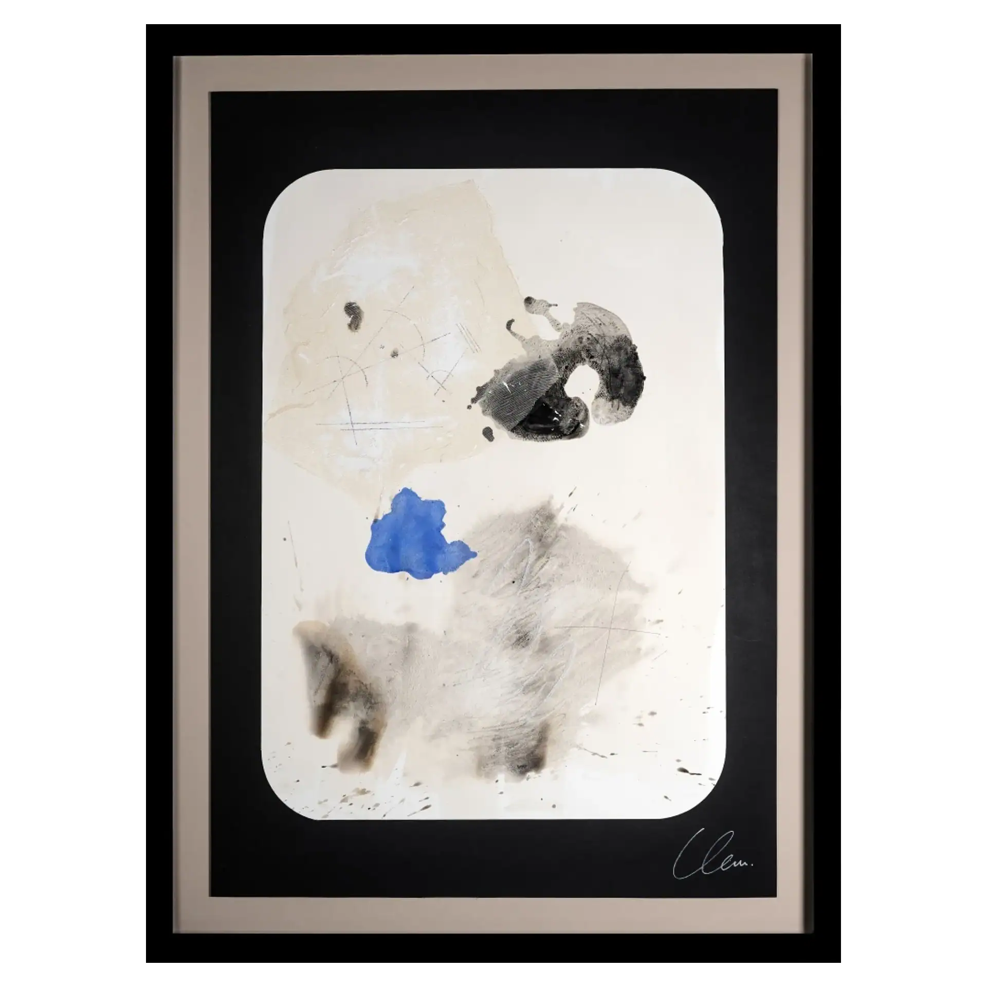 Abstract paper painting with black, white, and blue elements.