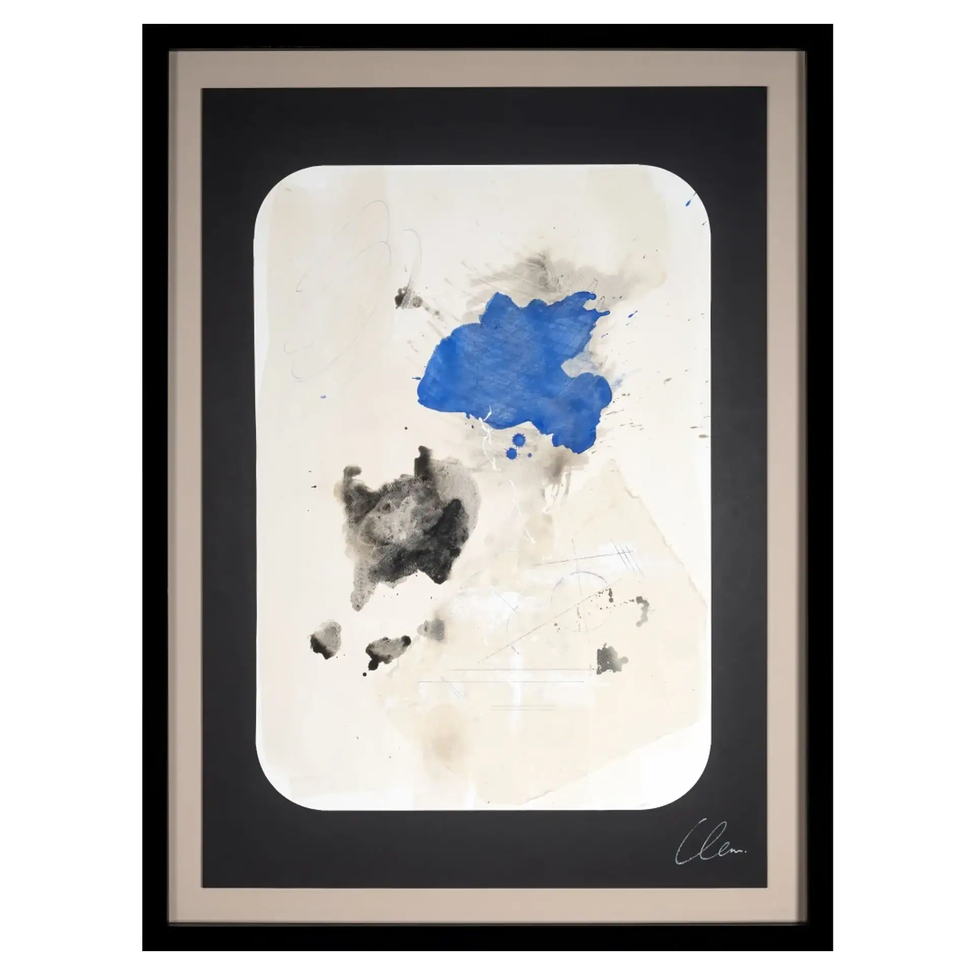 Abstract paper painting with blue and black ink splashes on white background.