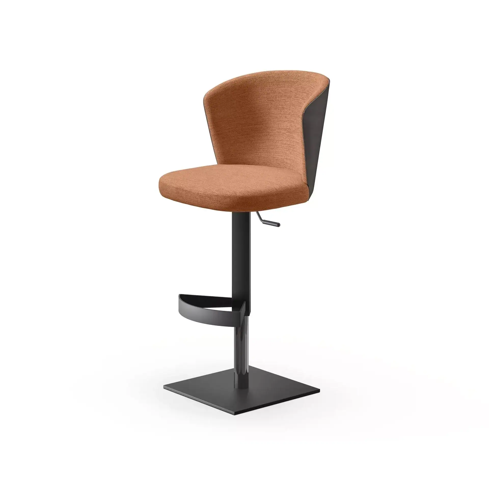 Sklar Furnishings Ines adjustable bar stool with brown fabric seat and black base.