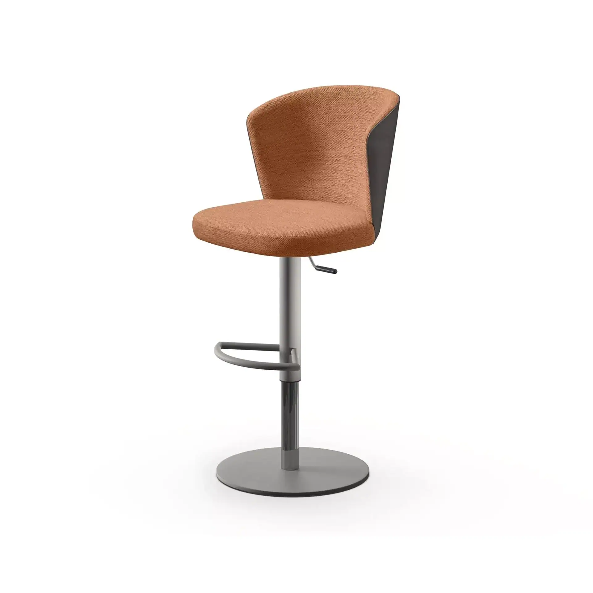 Sklar Furnishings Ines adjustable bar stool with brown fabric seat and black backrest.
