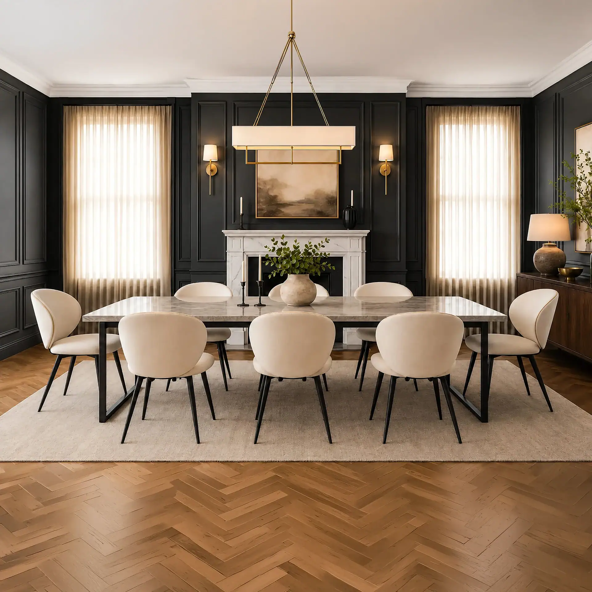 Stylish dining room with black paneled walls, white chairs, and a marble fireplace.