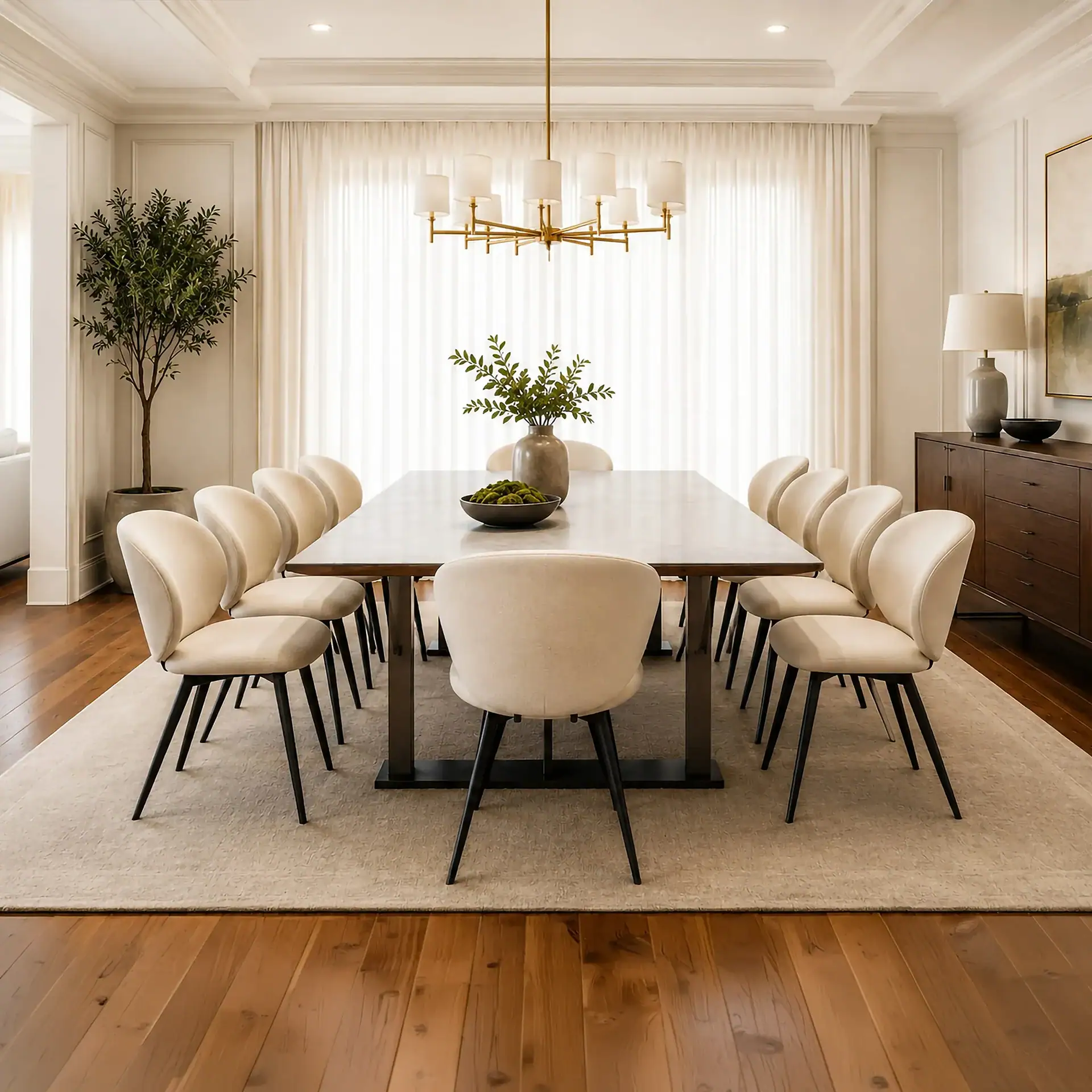 Modern dining room with white chairs, wooden table, and elegant lighting.