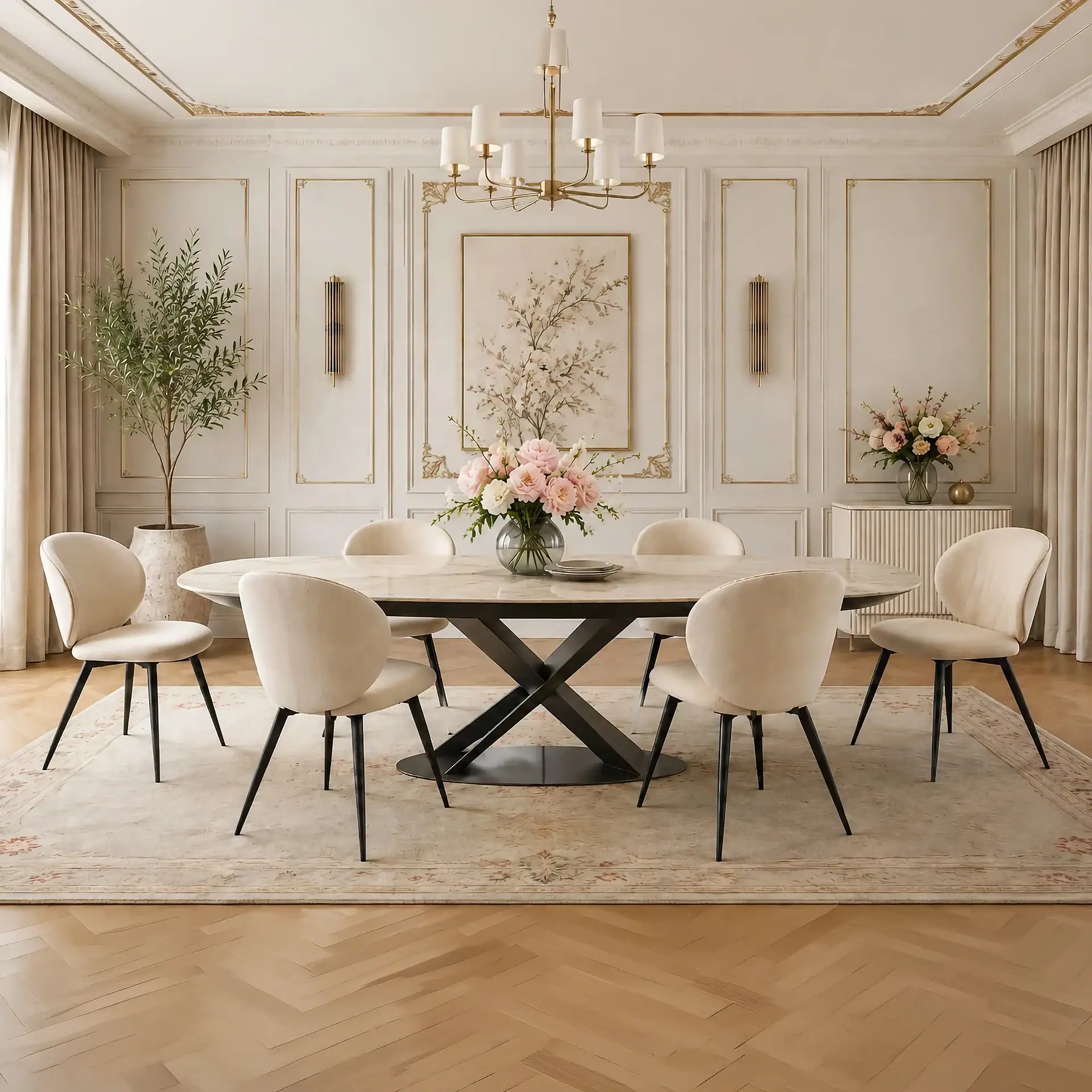 Stylish dining room with round table, cream chairs, and floral centerpieces.