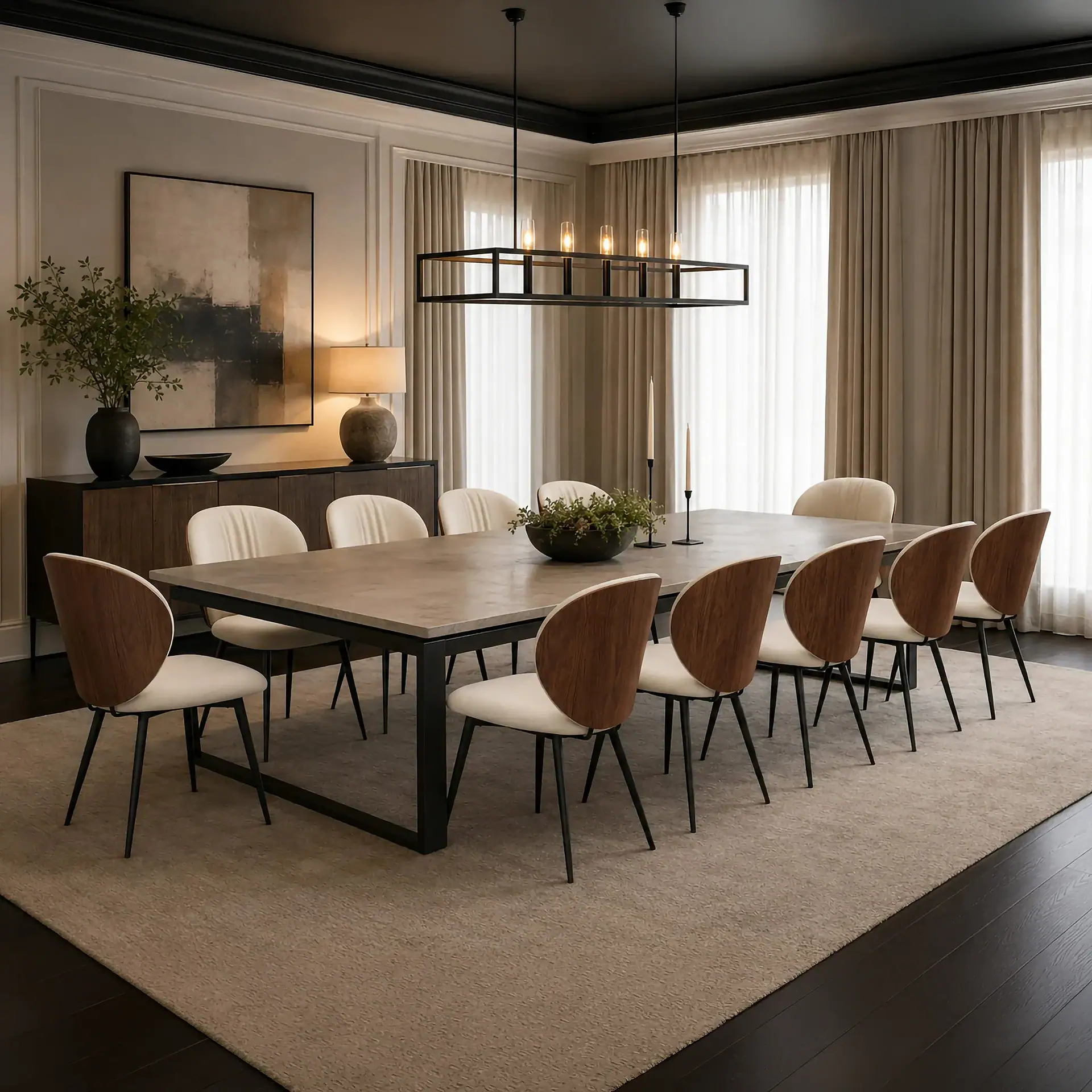 Contemporary dining room with wooden table and stylish chairs.