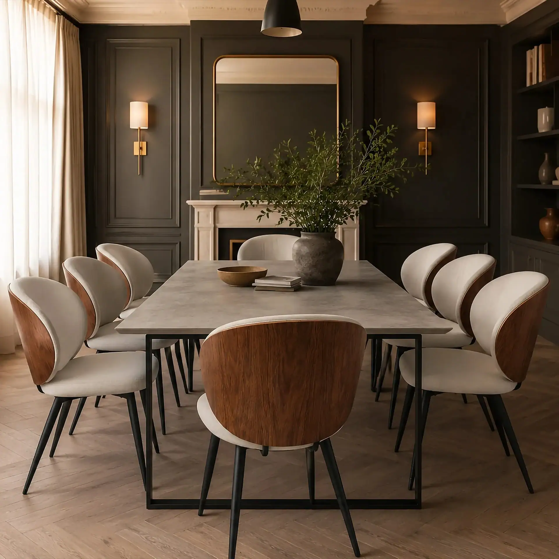 Modern dining room with a large table, stylish chairs, and dark wall paneling.