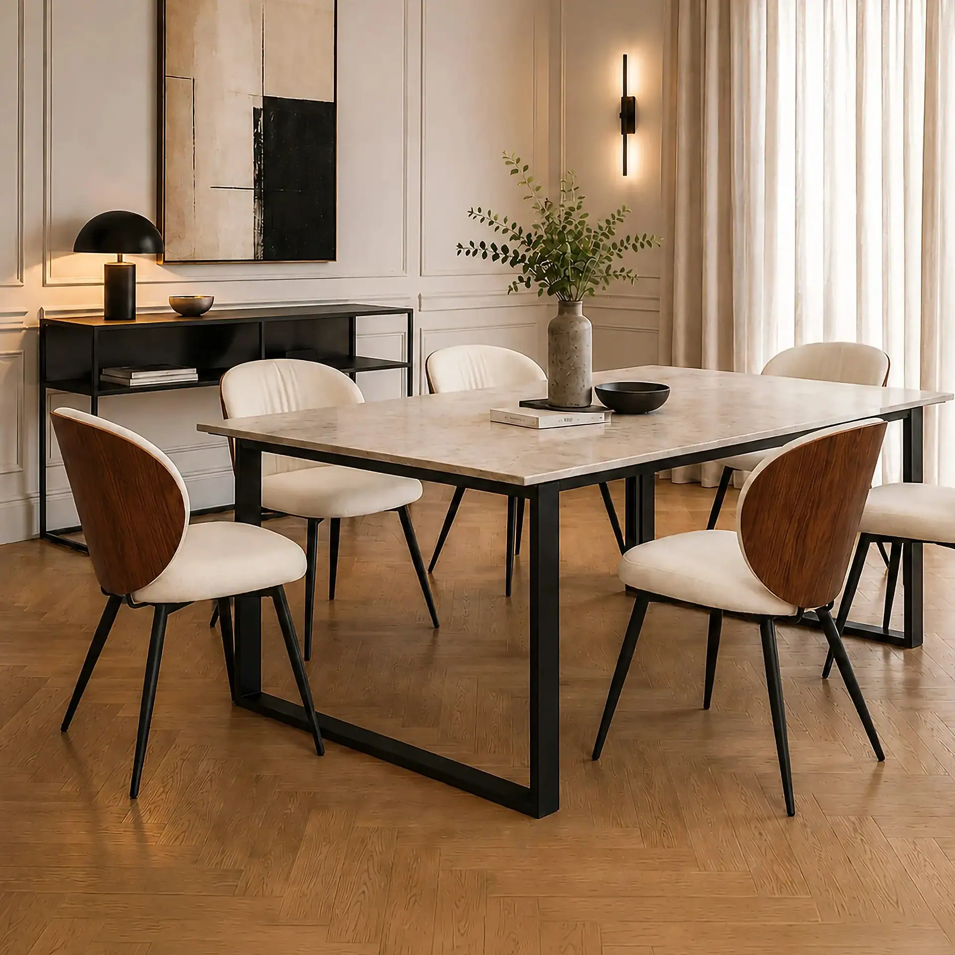 Contemporary dining room with stylish chairs and marble table.