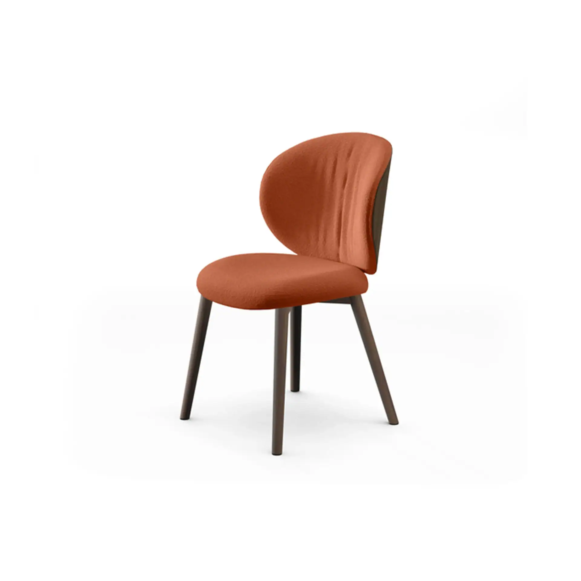 Contemporary upholstered dining chair with wooden legs in rust color.