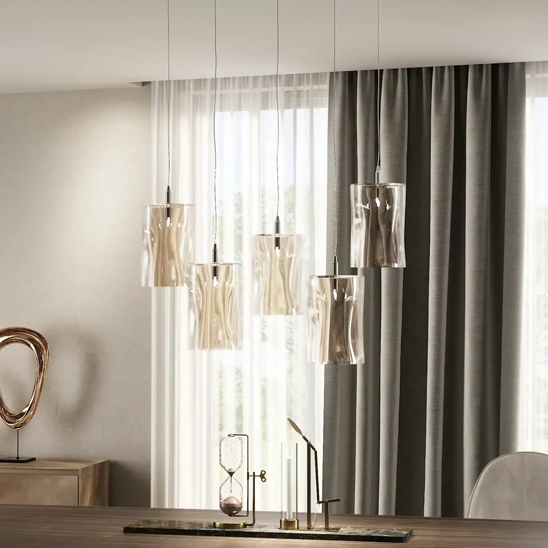 Sklar pendant light trio in a modern dining space.