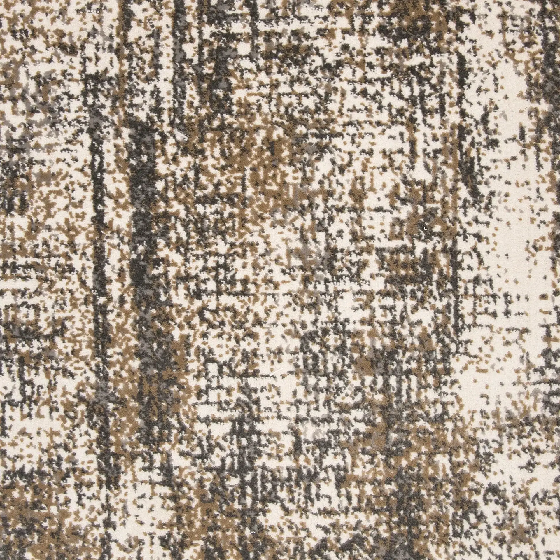 Contemporary abstract patterned rug with beige, brown, and black tones for stylish living spaces.