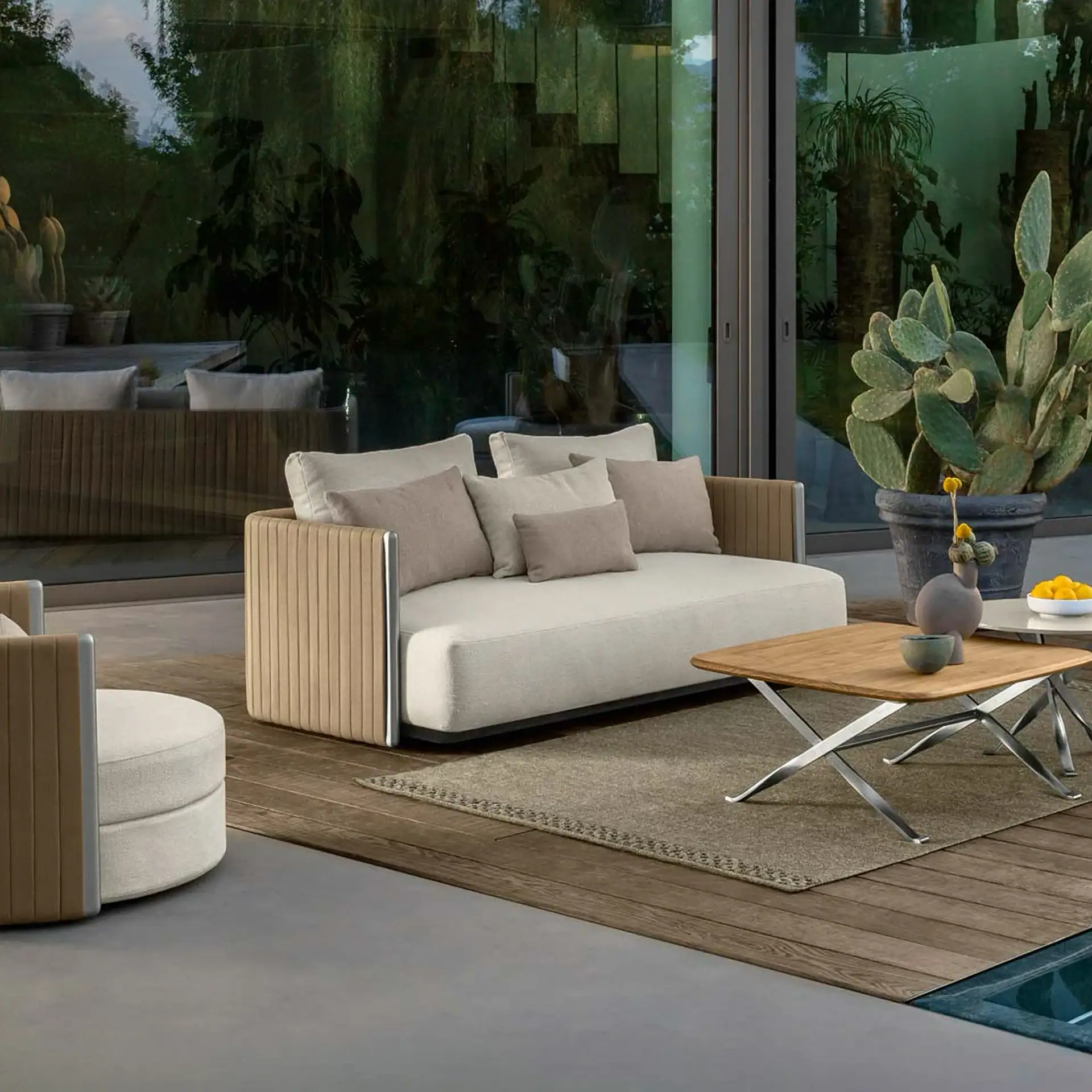 Outdoor modern sofa with beige cushions and a wooden coffee table in a stylish patio setting.