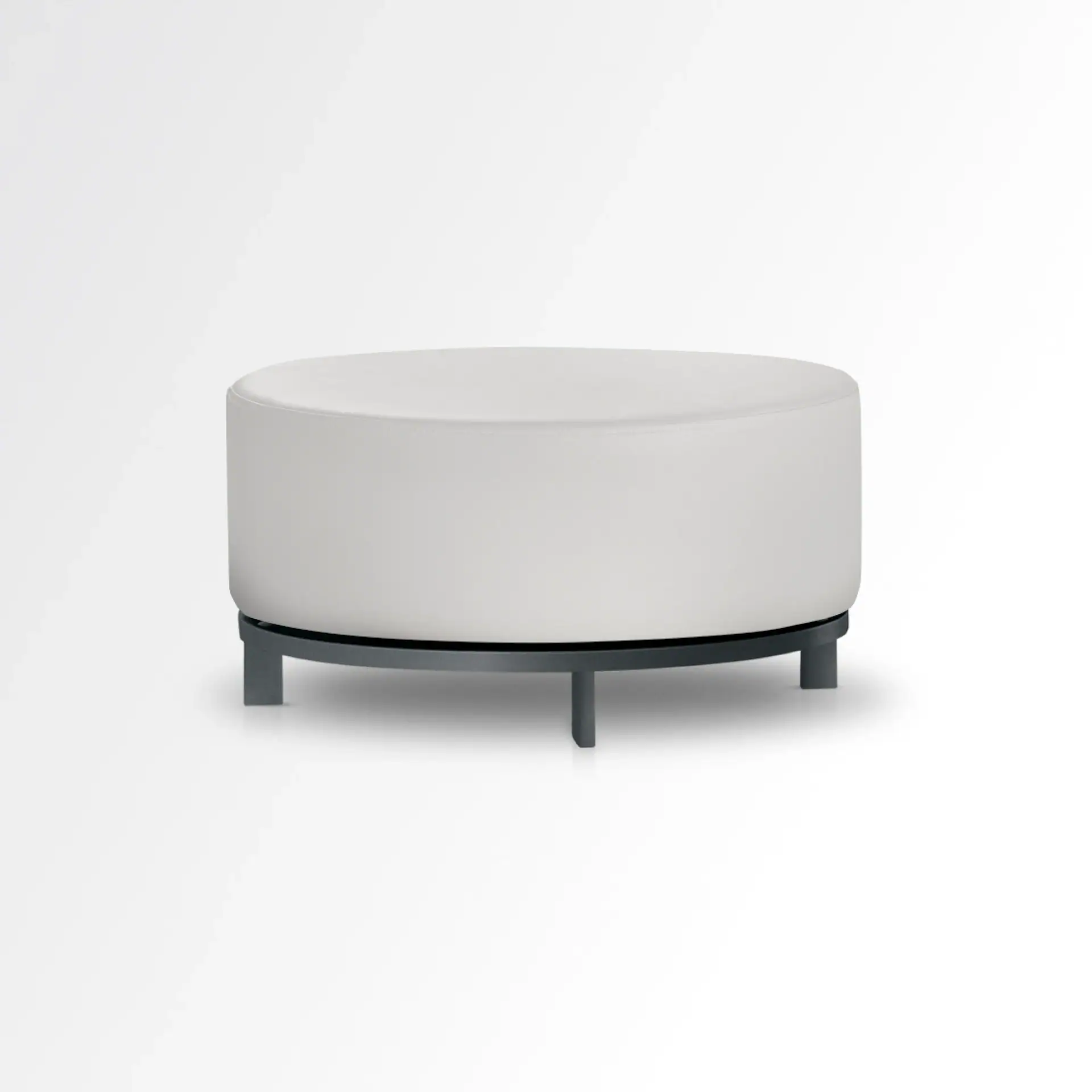 Sklar Furnishings Marshmallow Ottoman in white with black base on plain background.