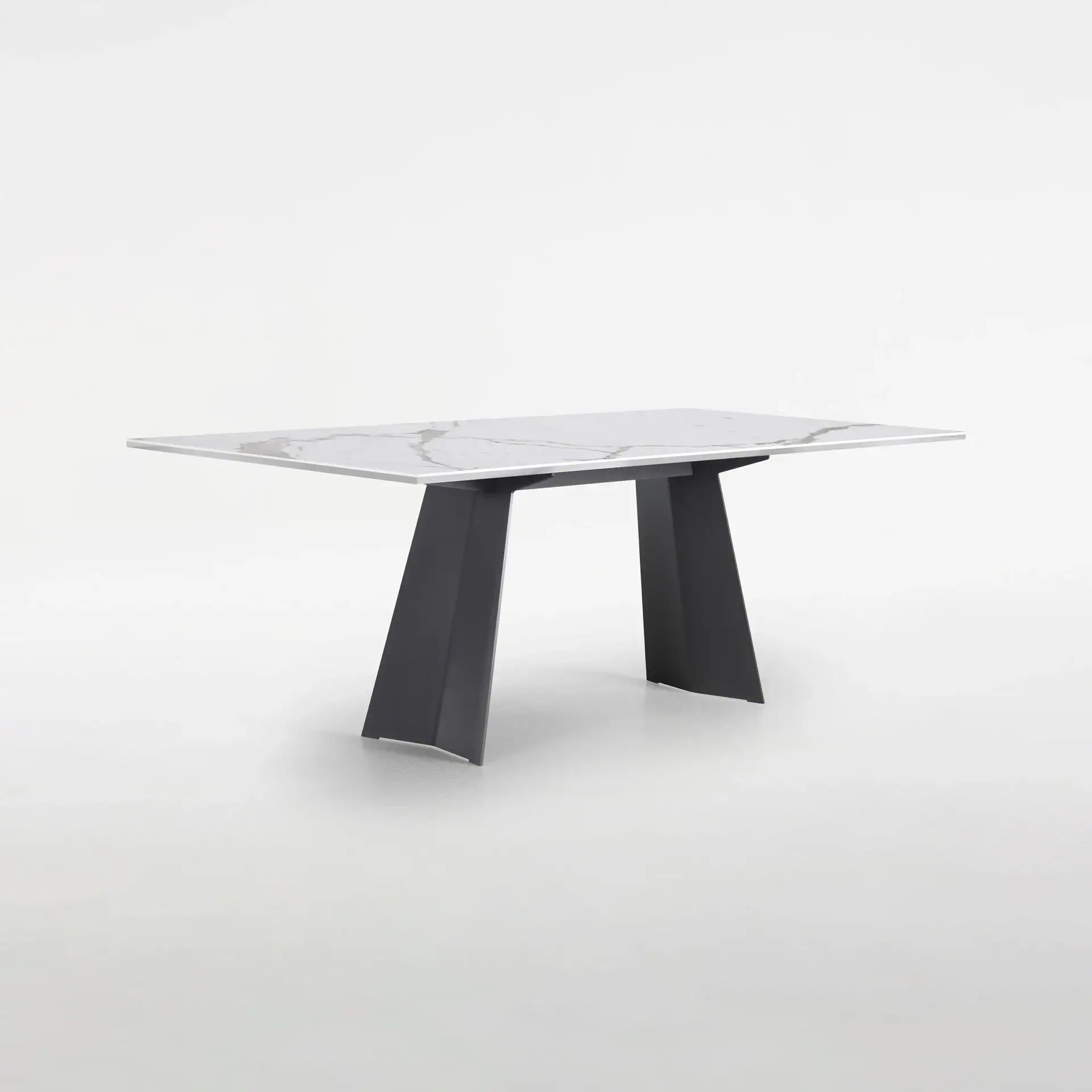 Elegant marble top dining table with black base, perfect for contemporary dining spaces.
