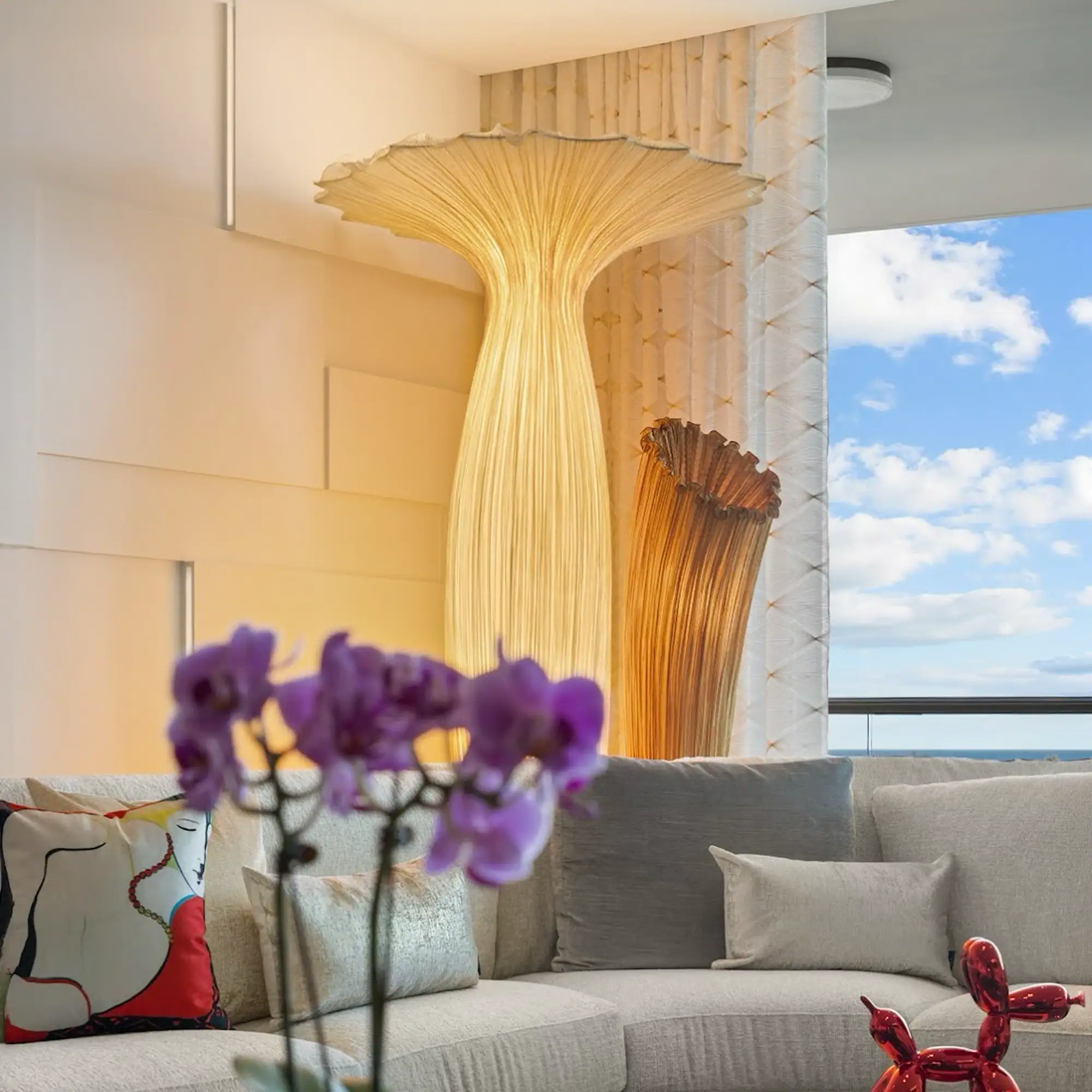 Waterfront Home Interior Decor Elegant living room with artistic wooden sculptures and floral accents.