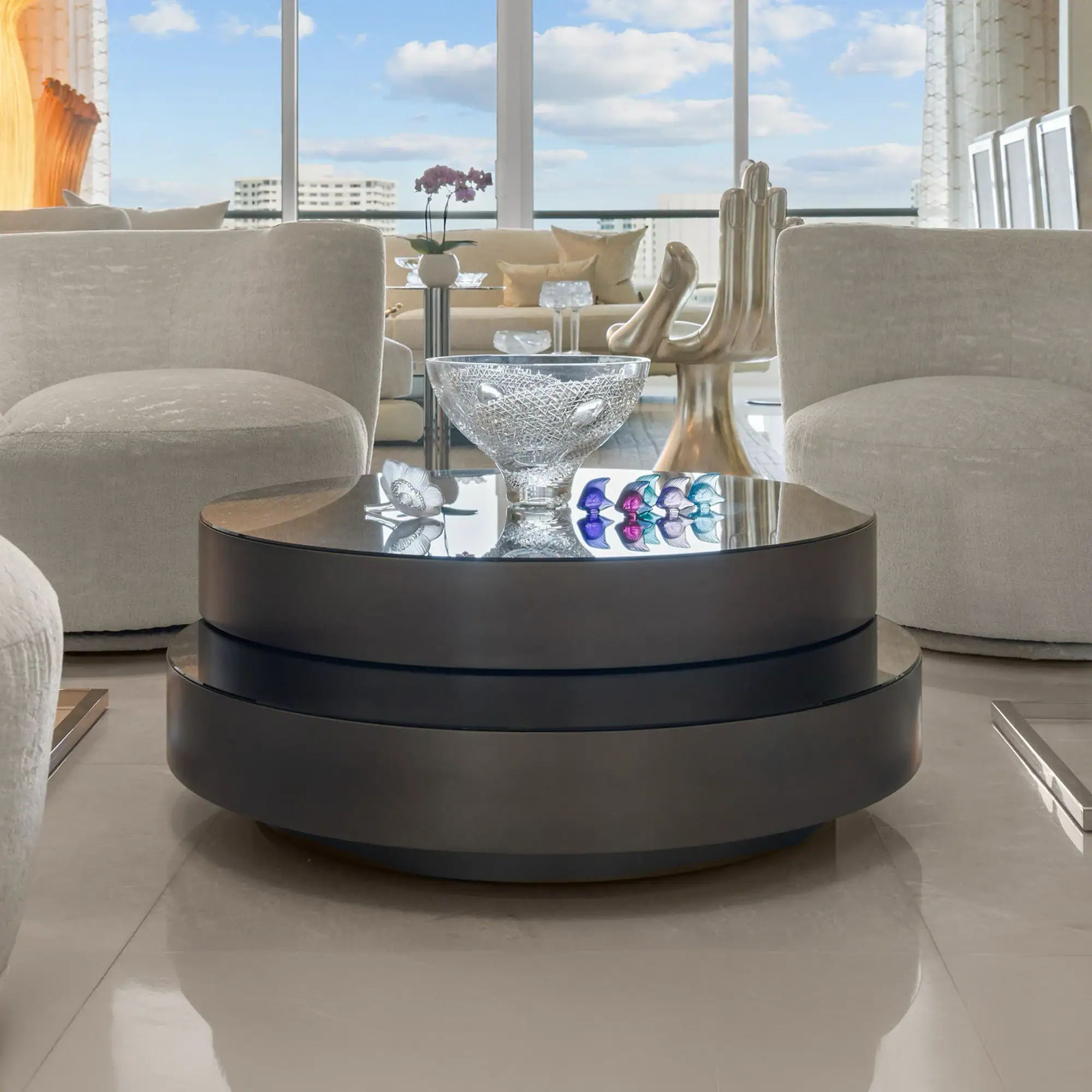 Modern Living Room Coffee Table Sklar Furnishings modern black round coffee table with glass bowl.