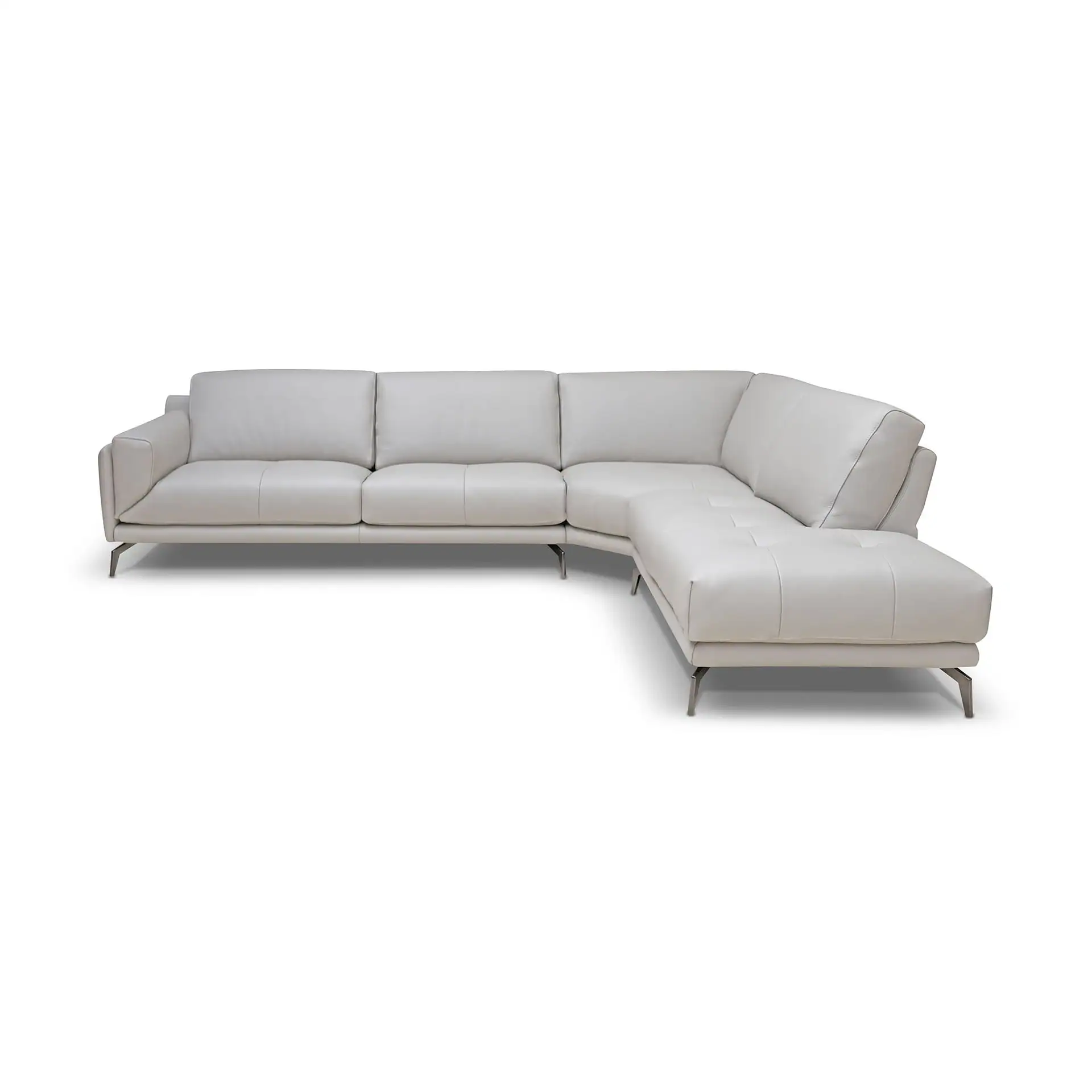 A light gray L-shaped leather sectional sofa with metal legs on a white background.