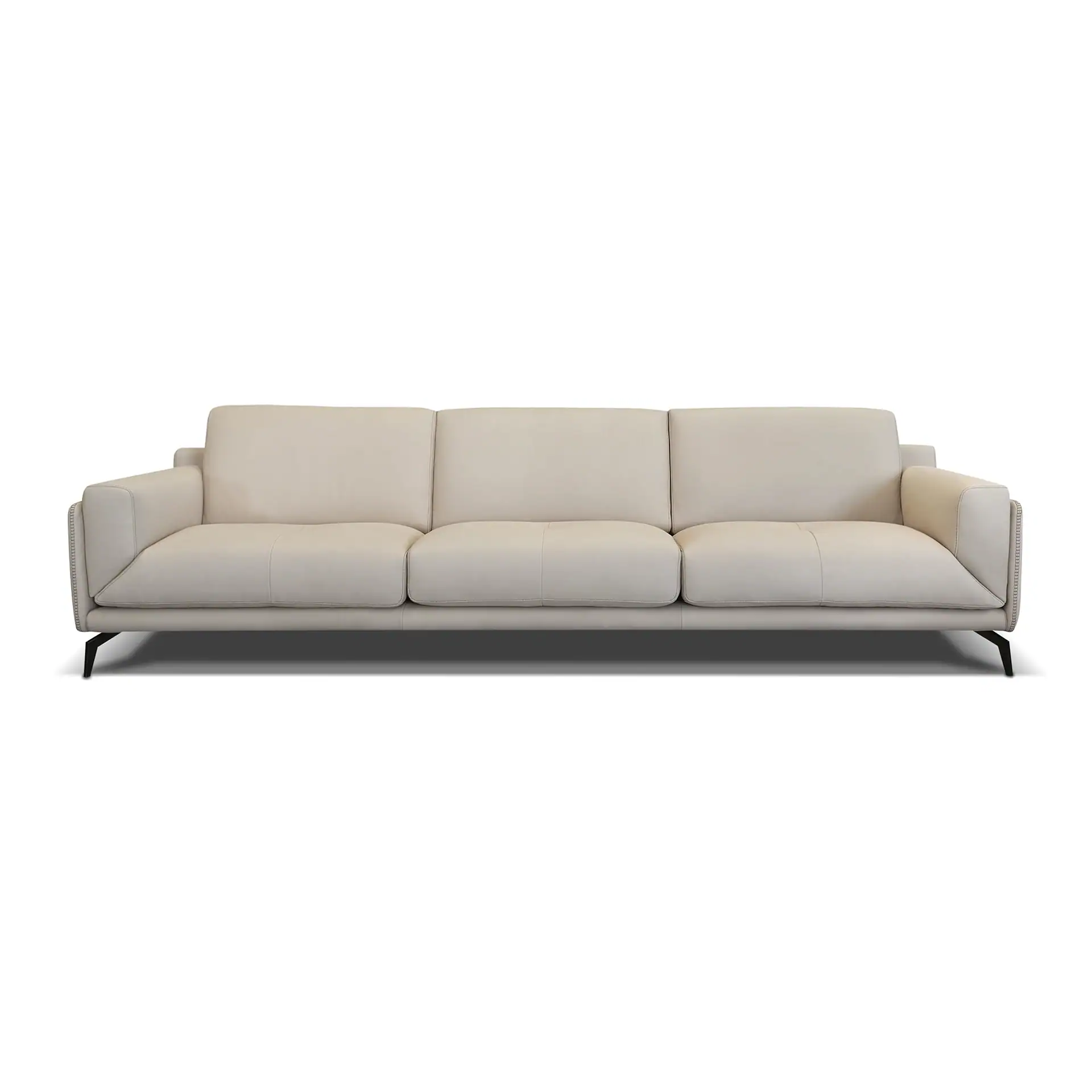 A light beige three-seater sofa with black metal legs on a white background.
